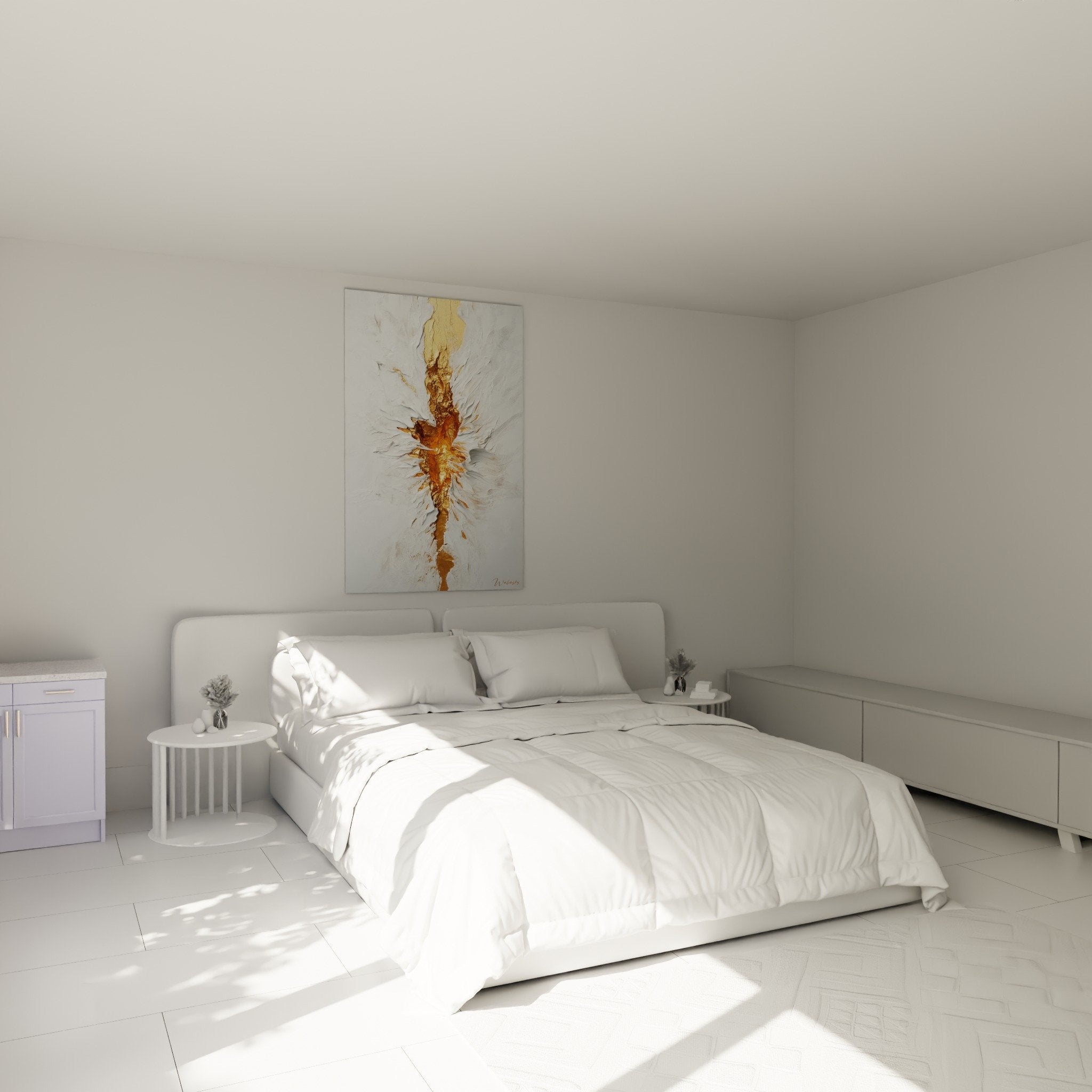 Décoration chambre tableau marbre abstrait doré vertical, ambiance contemporaine élégante et raffinée