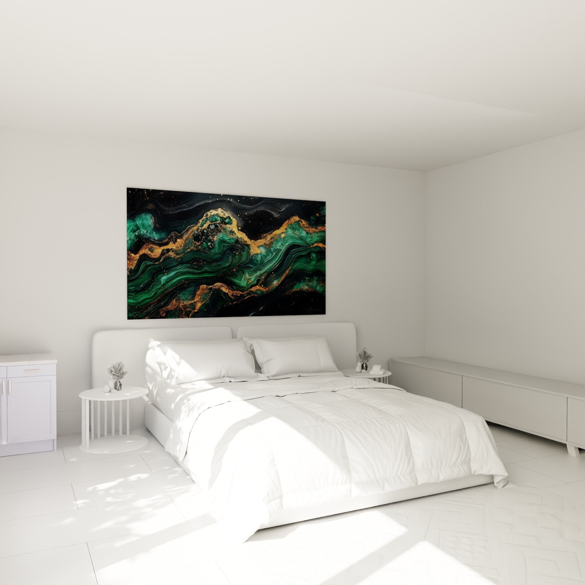 Décoration chambre tableau marbre abstrait émeraude et or au-dessus du lit pour ambiance raffinée et moderne