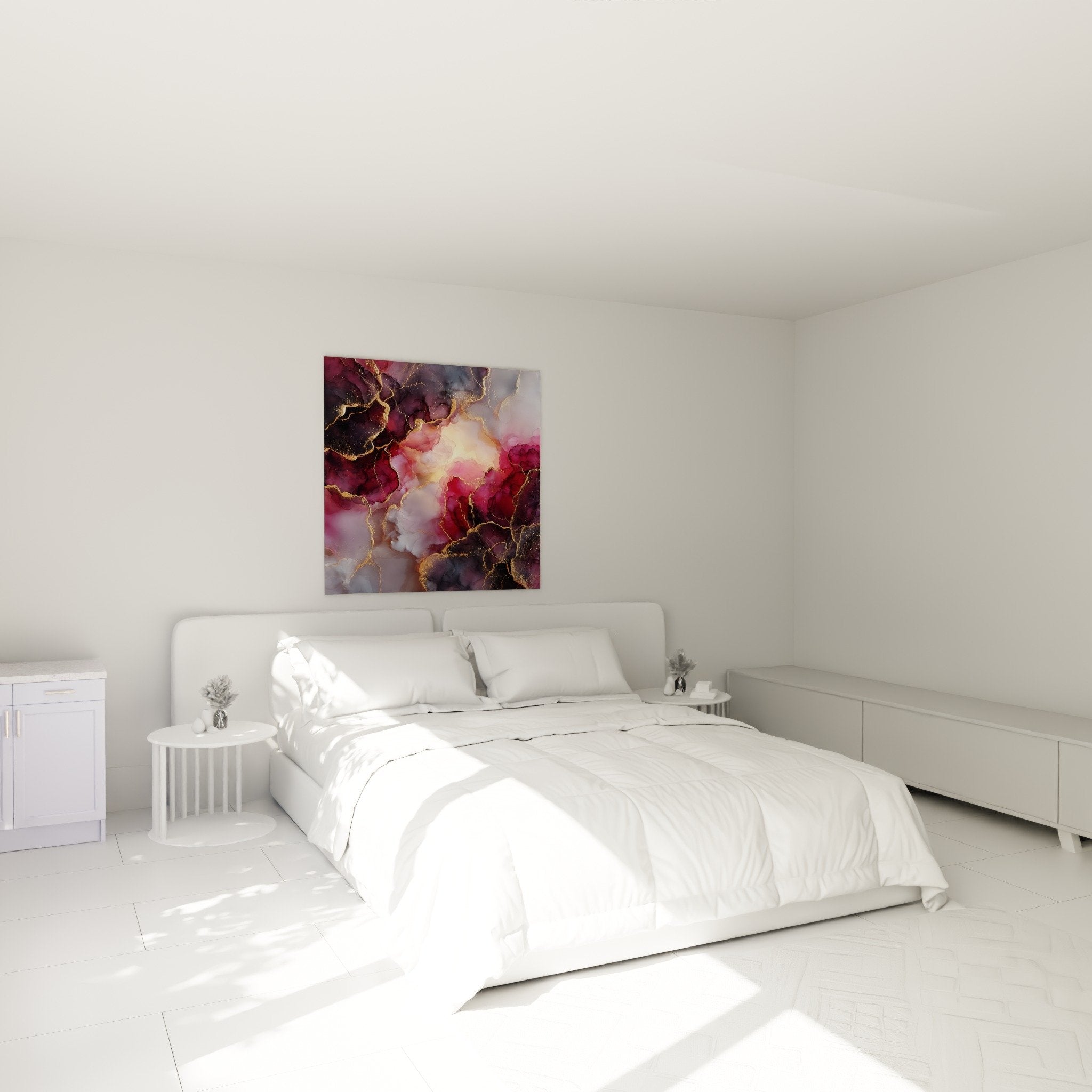 Decoration murale marbre abstrait pourpre et doré dans chambre contemporaine ambiance cocooning