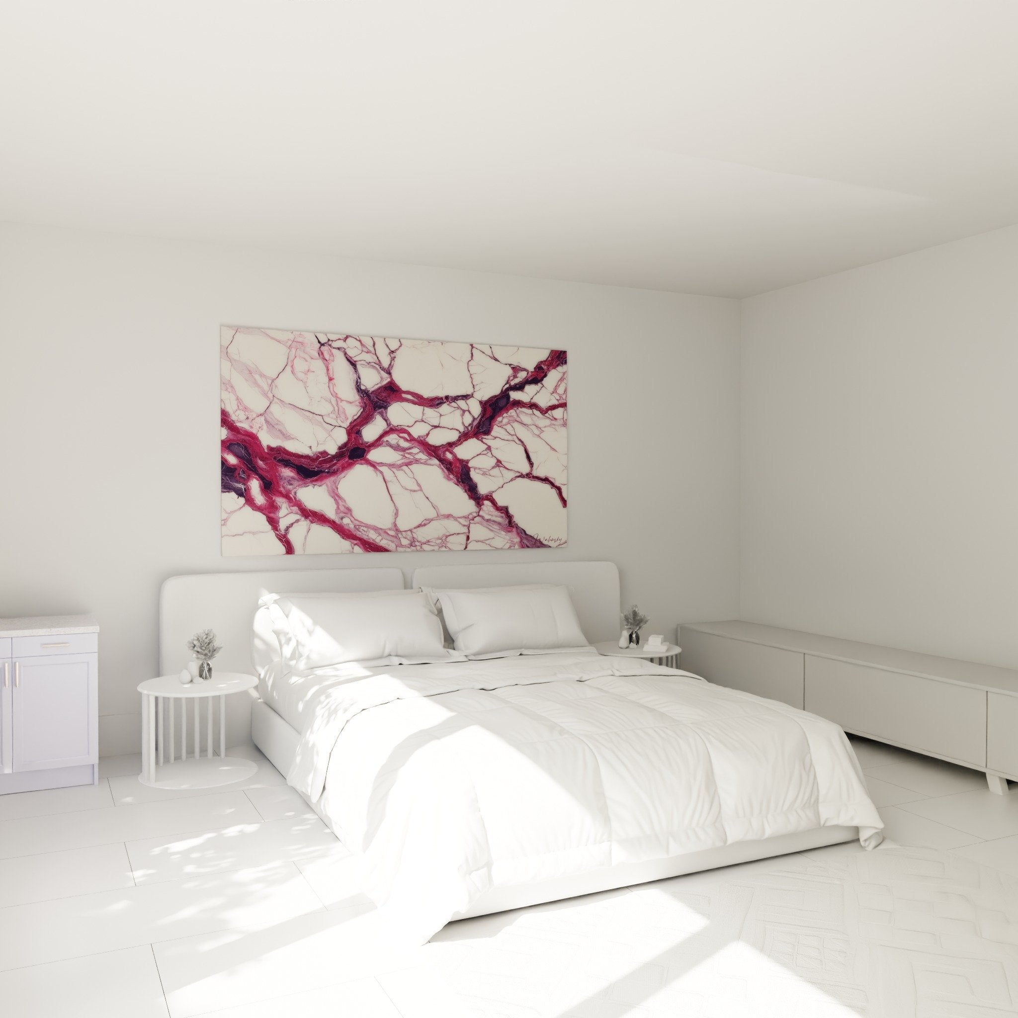 Décoration chambre avec tableau marbre abstrait pourpre, ambiance sophistiquée et apaisante