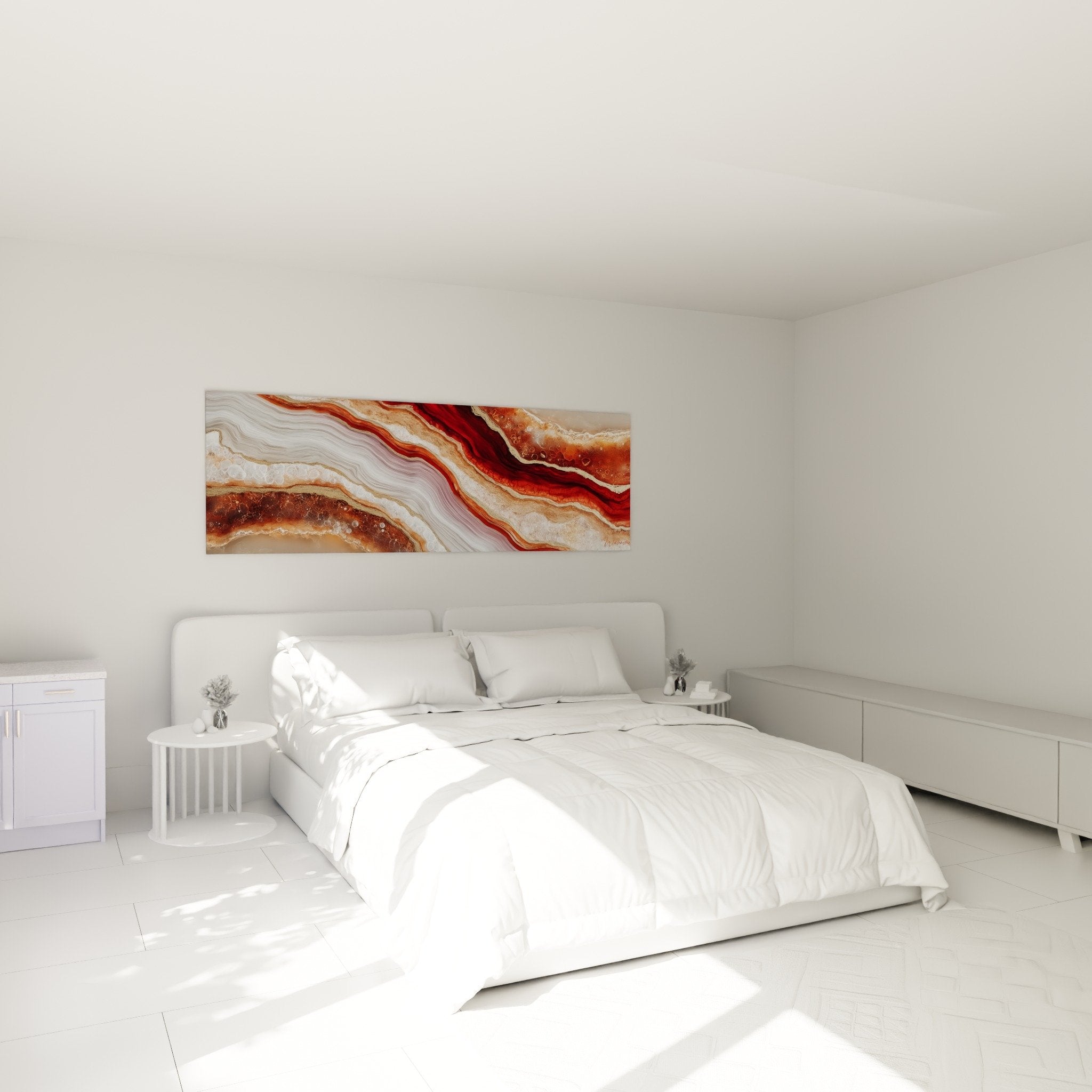 Décoration chambre avec tableau marbre abstrait rouge bordeaux au-dessus du lit contemporain