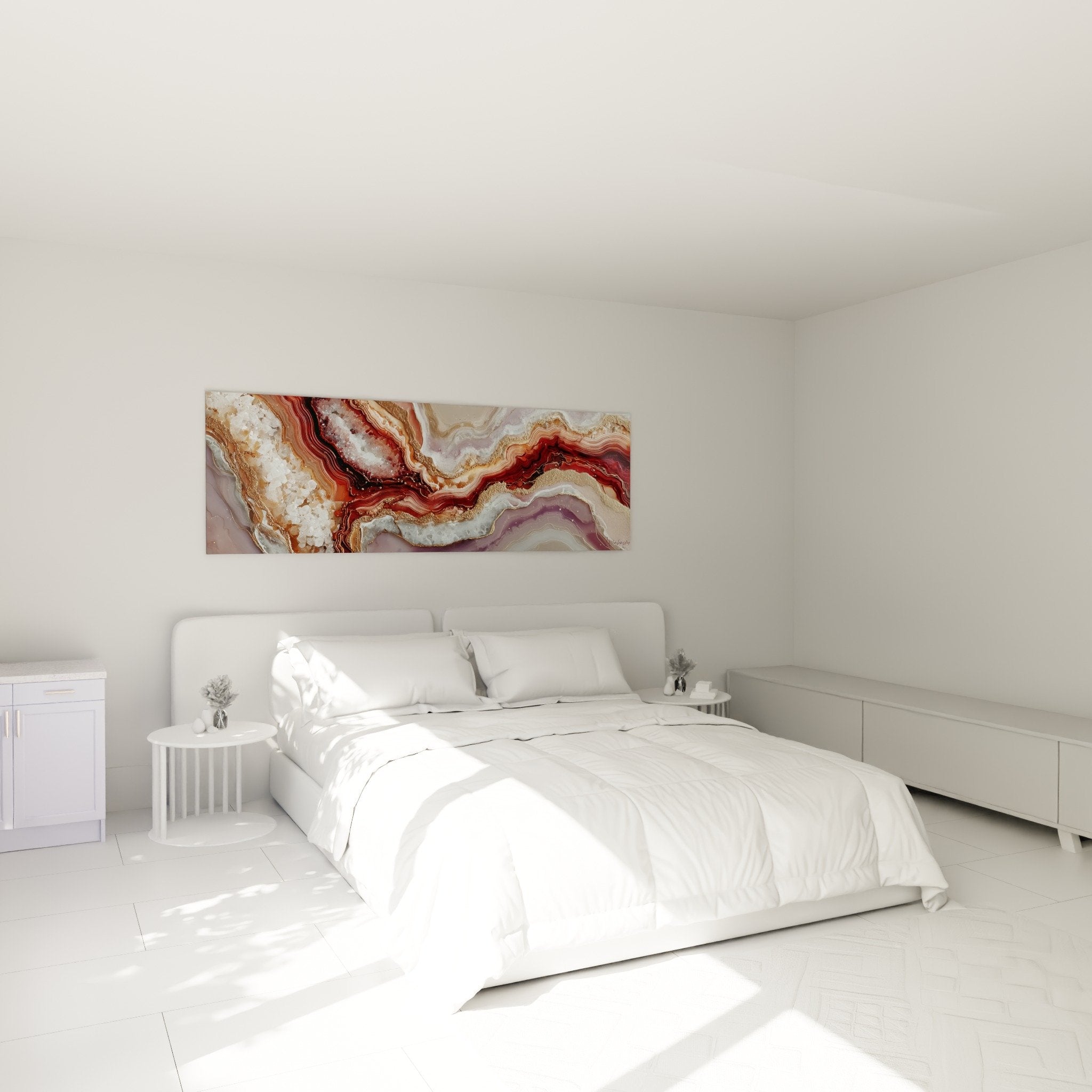 Décoration chambre avec tableau marbre abstrait rouge bordeaux et veines dorées au-dessus du lit moderne