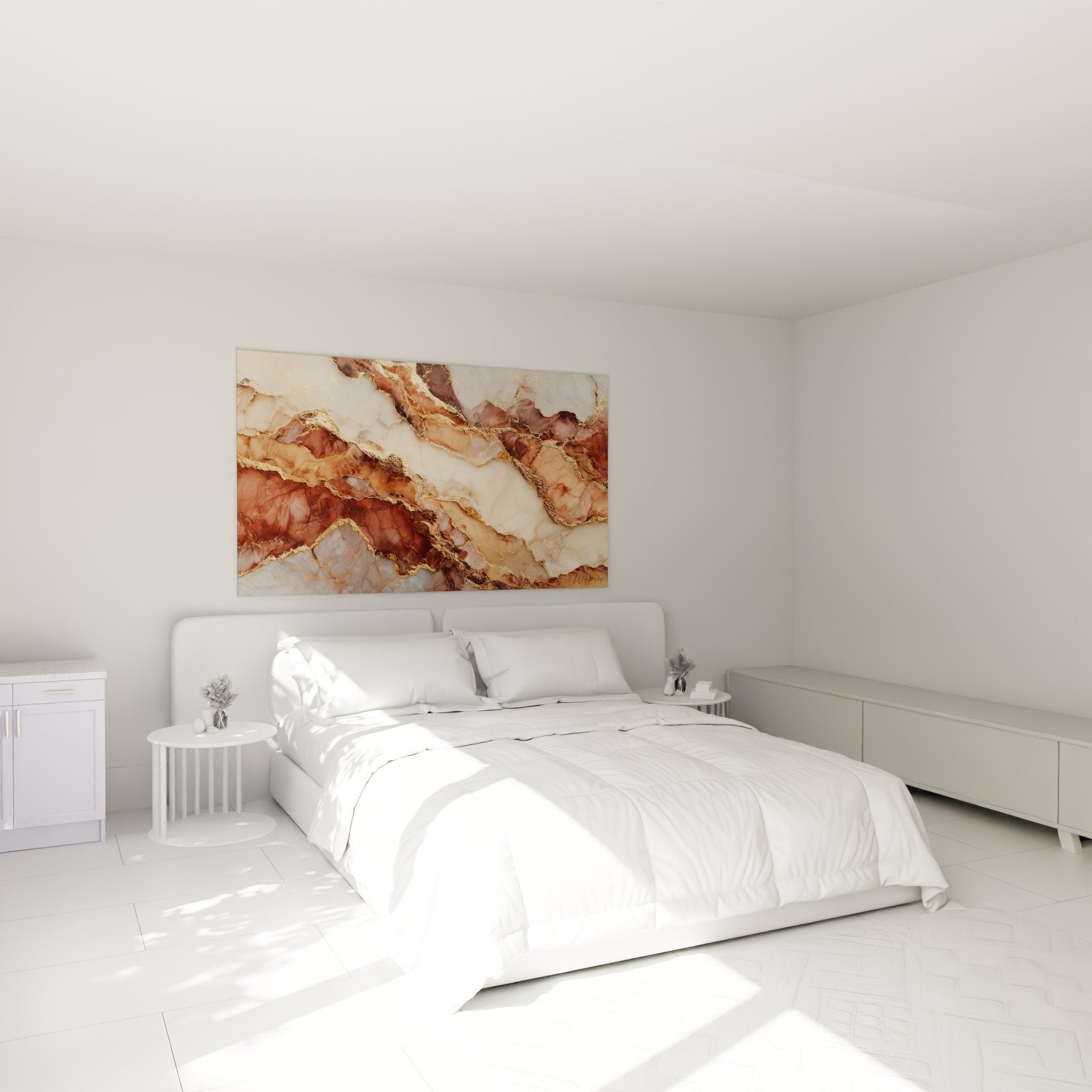 Abstract marble terracotta and gold bedroom wall art above modern bed
