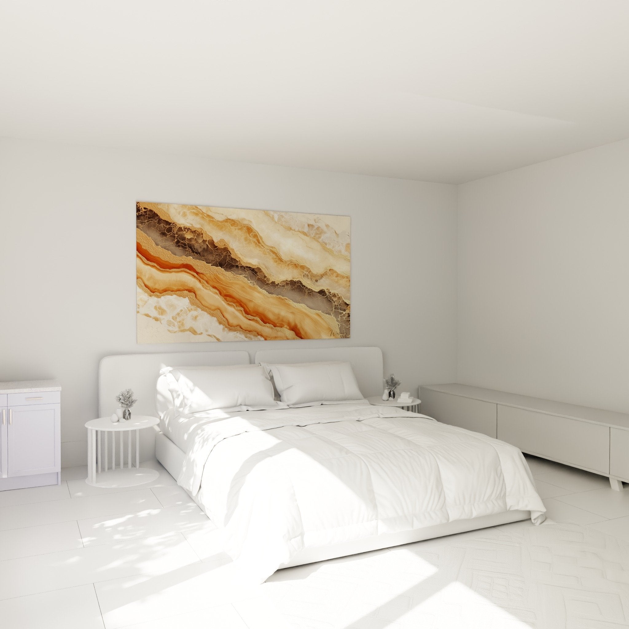 Décoration chambre avec tableau marbre abstrait tons terreux et veines dorées au mur
