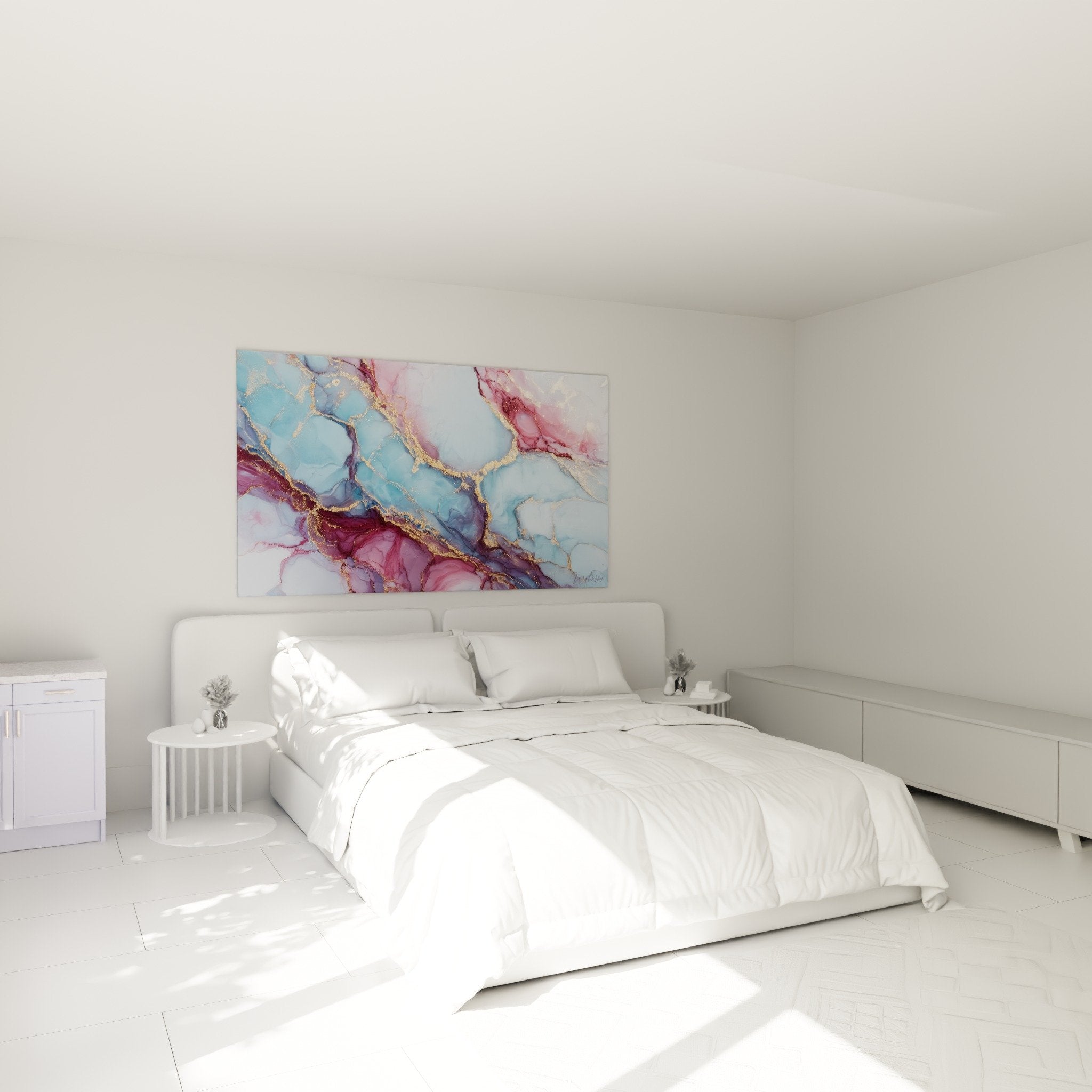 Decoration chambre tableau marbre abstrait bleu rose or ambiance sereine et luxueuse tete de lit