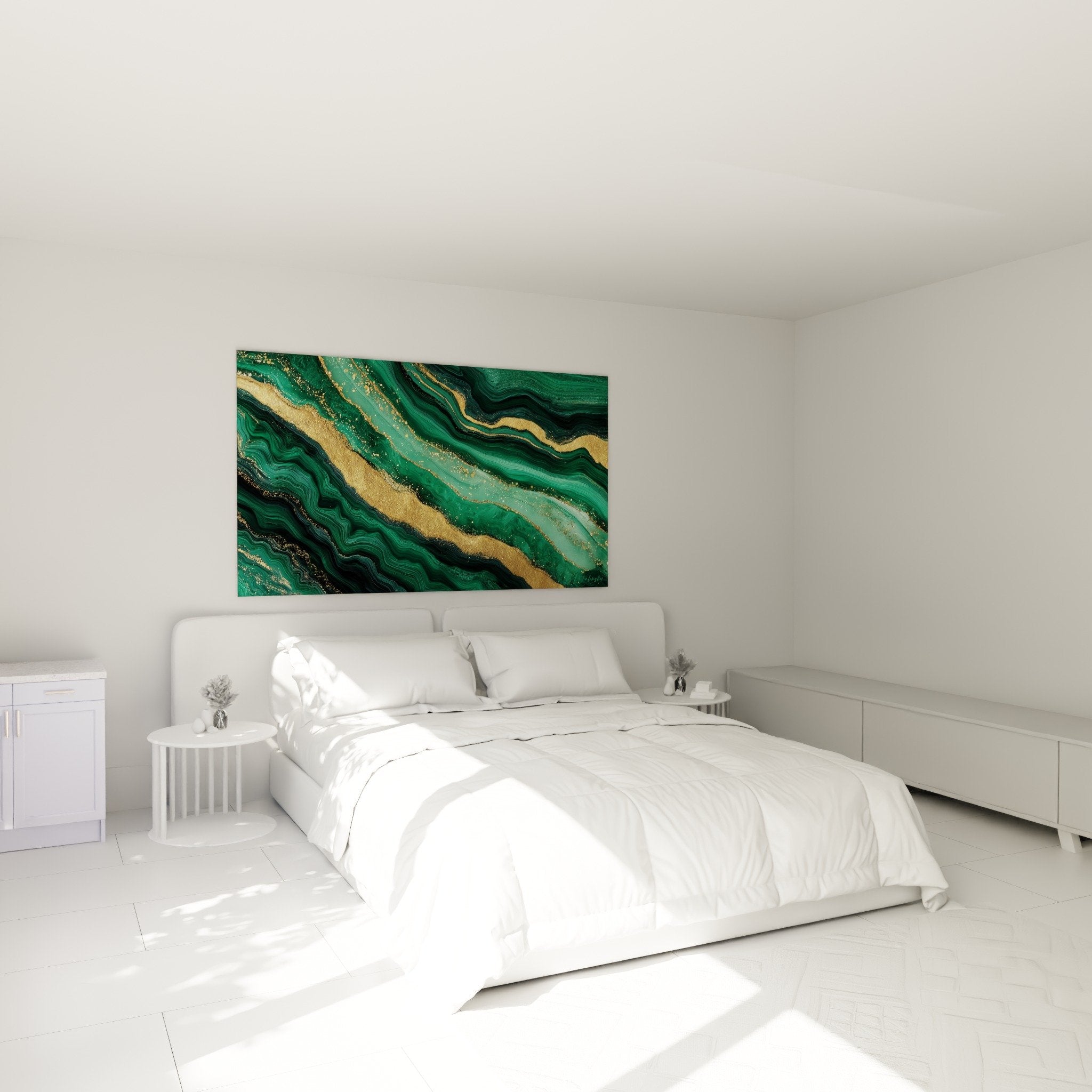 Décoration chambre avec tableau marbre abstrait vert émeraude et filaments dorés