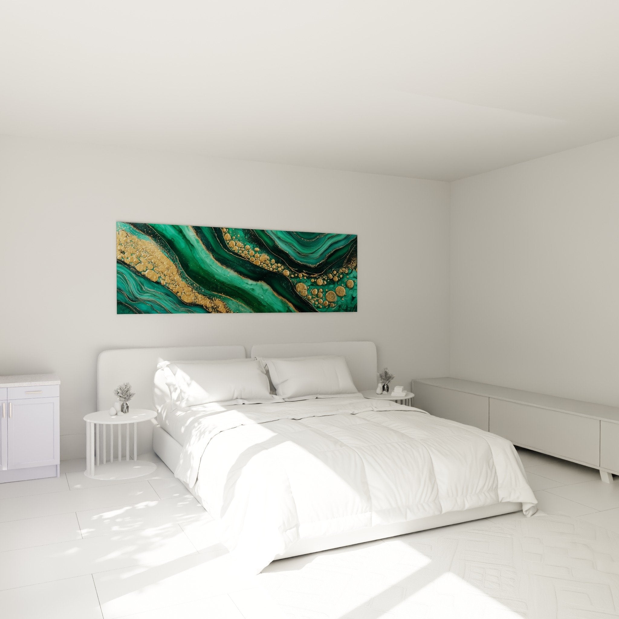 Decoration chambre tableau marbre abstrait vert or ambiance elegant au dessus lit moderne