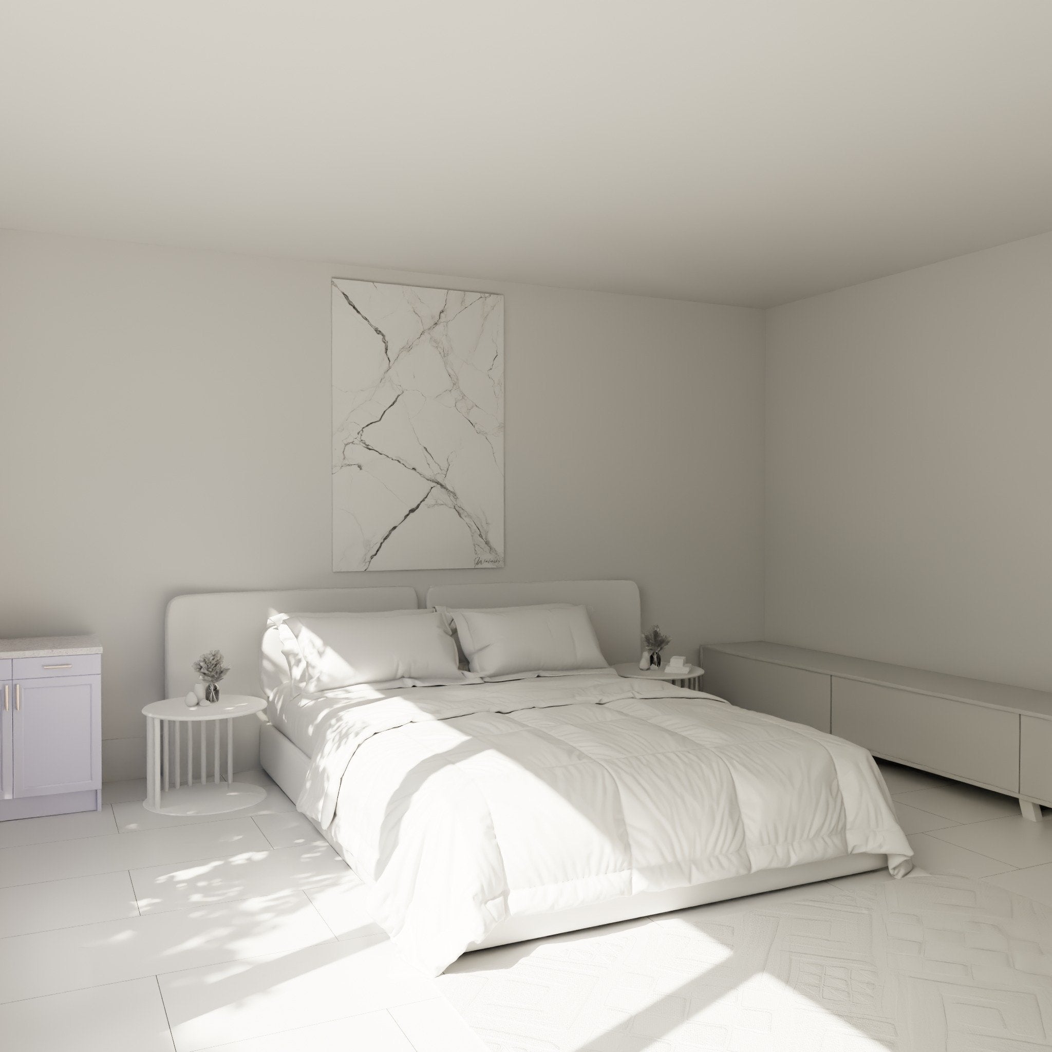 Decoration chambre tableau marbre blanc veines grises ambiance zen epuree contemporaine