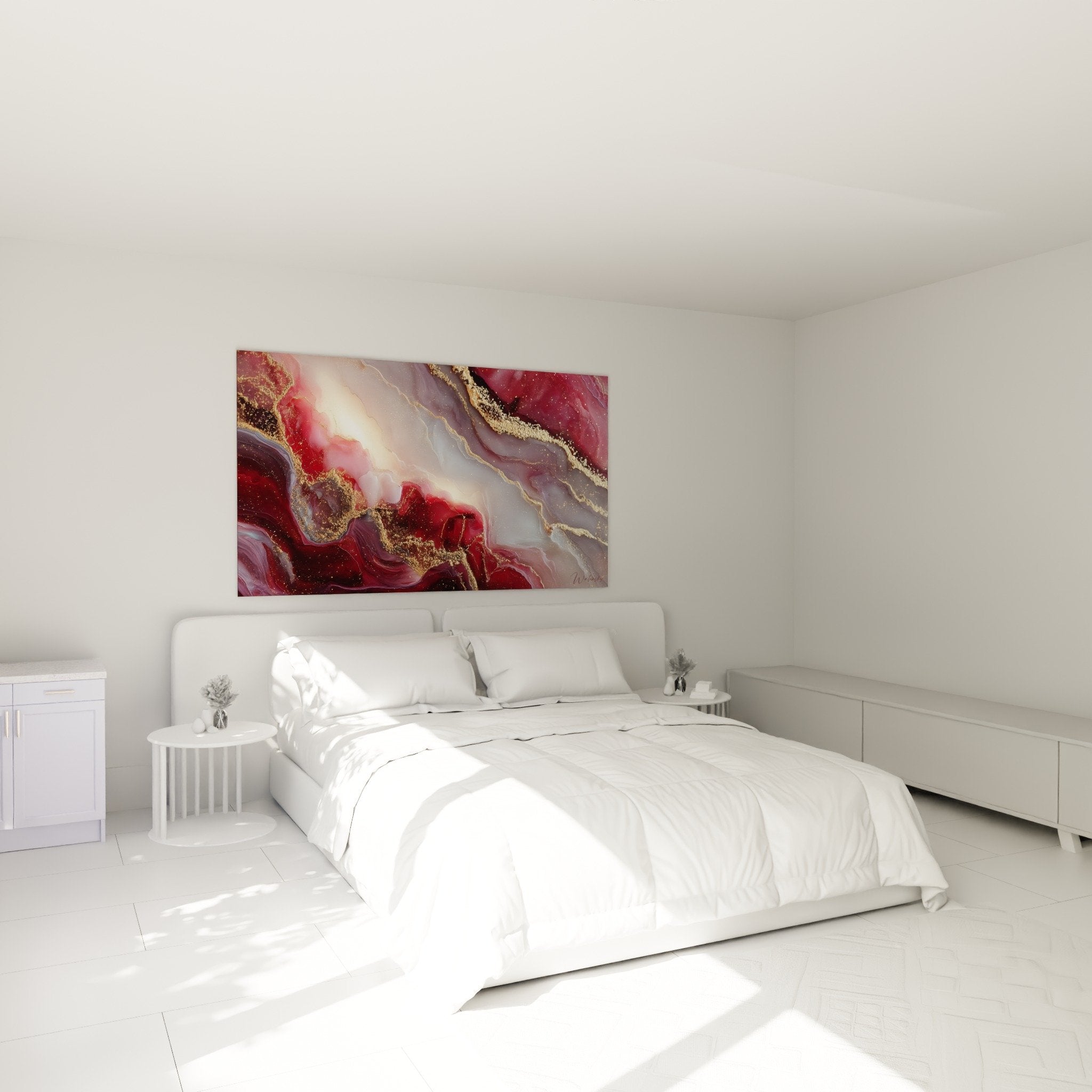 Décoration chambre avec tableau marbrures rouges dorées au-dessus du lit pour ambiance raffinée