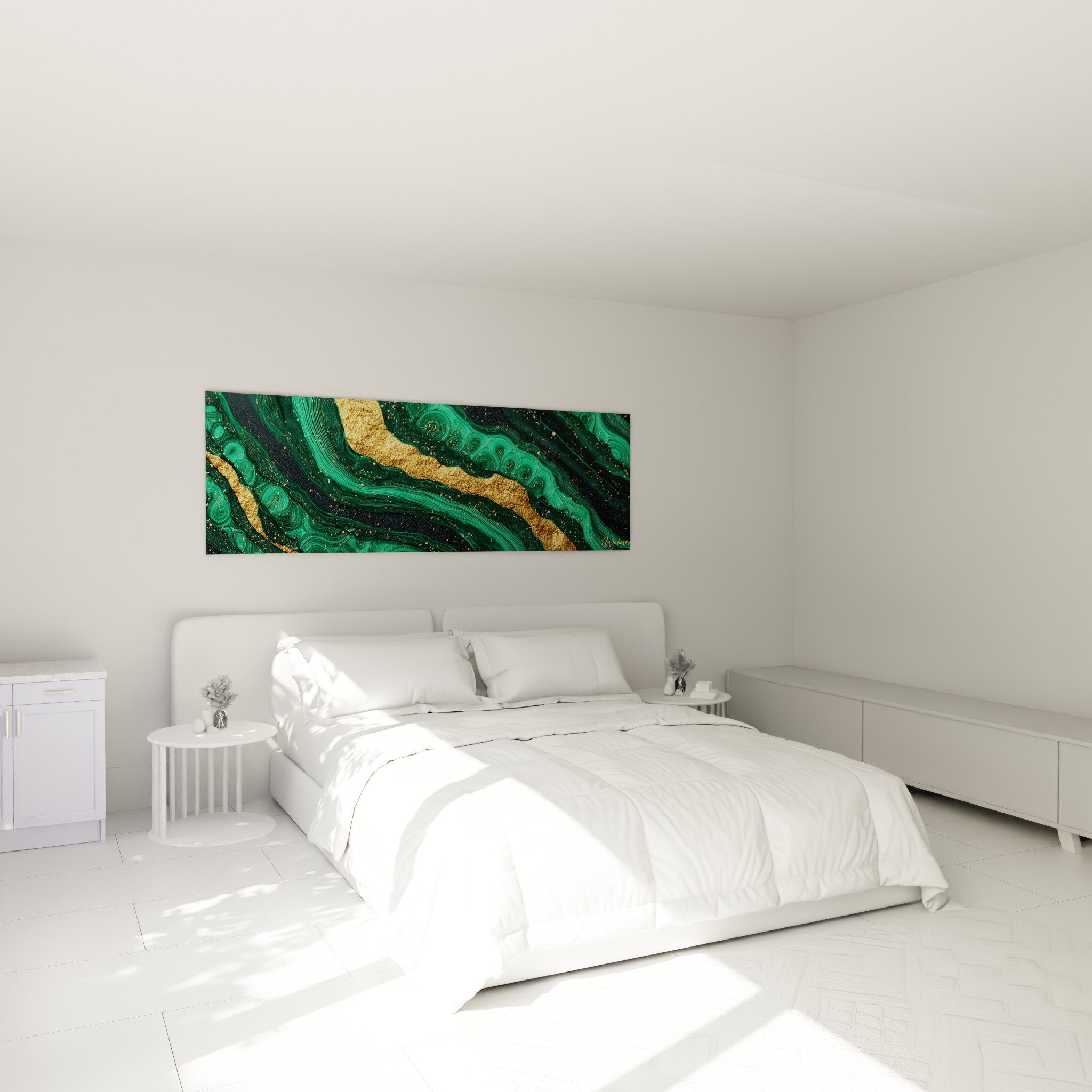 Green marble and gold wall art in modern bedroom with white bed and elegant cosy ambiance