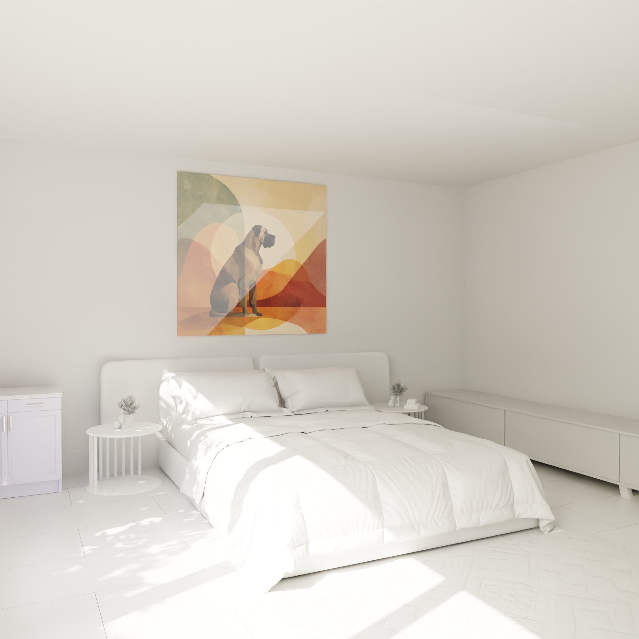 Décoration chambre tableau mastiff anglais géométrique couleurs chaudes ambiance contemporaine