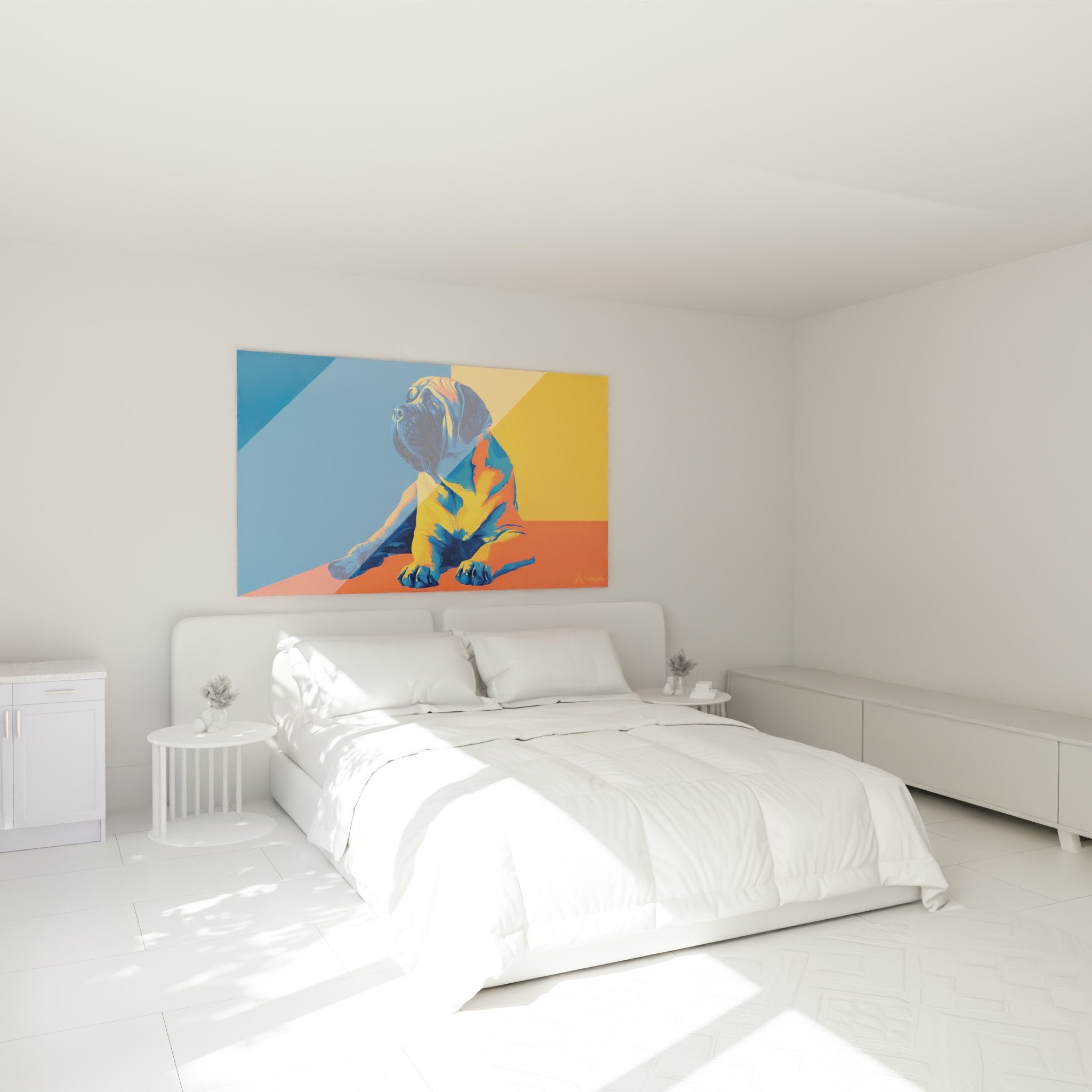 Decoration chambre tableau mastiff anglais pop art bleu orange ambiance moderne coloree