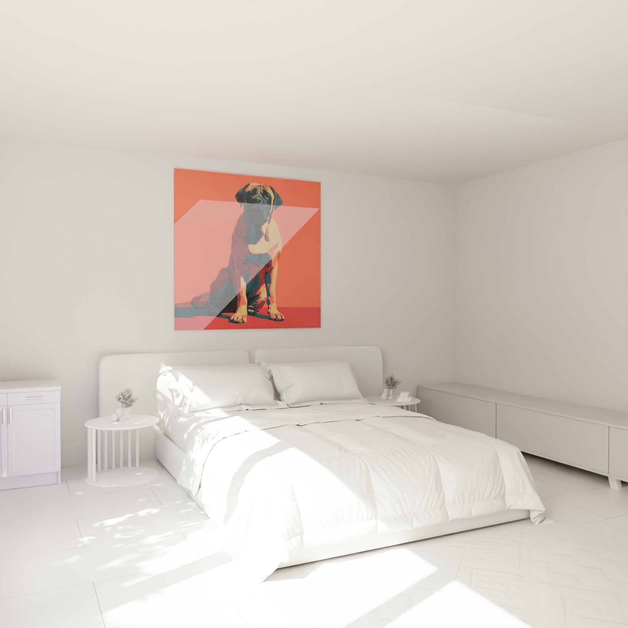 Schlafzimmerdekoration mit rotem English Mastiff Gemälde an der Wand, zeitgenössische Atmosphäre