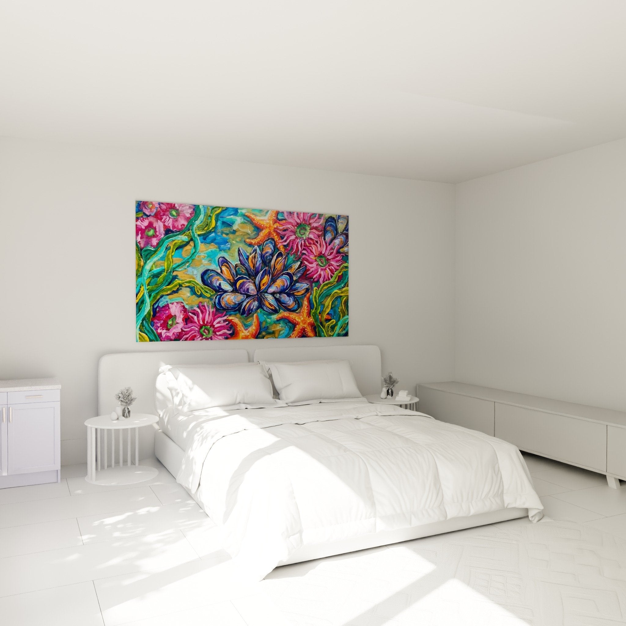 Schlafzimmerdekoration Wandbild blaue Muscheln Seeanemonen rosa beruhigende Ozeanatmosphäre