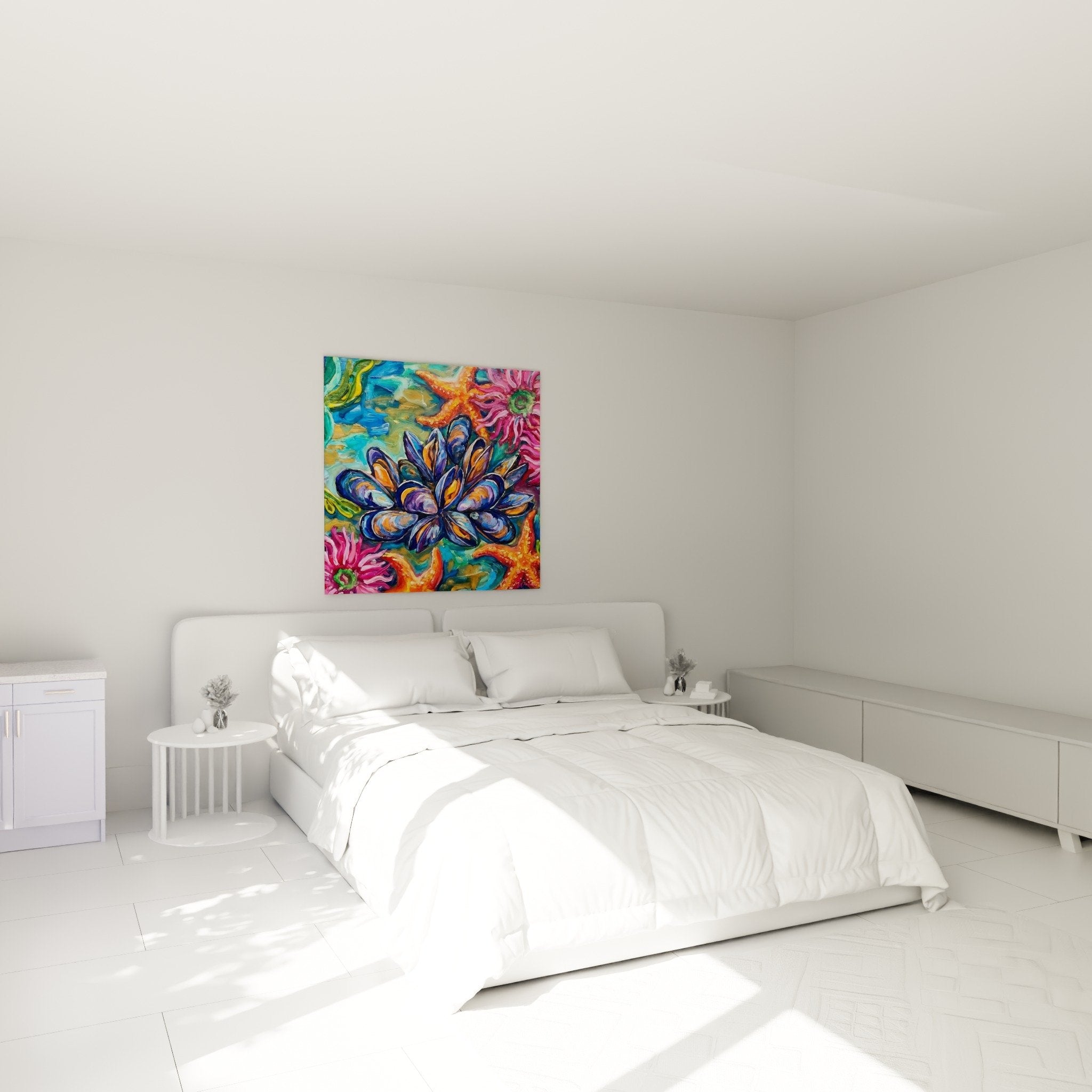 Decoration chambre tableau moules marines colorees ambiance aquatique bleue orange rose style bord mer moderne