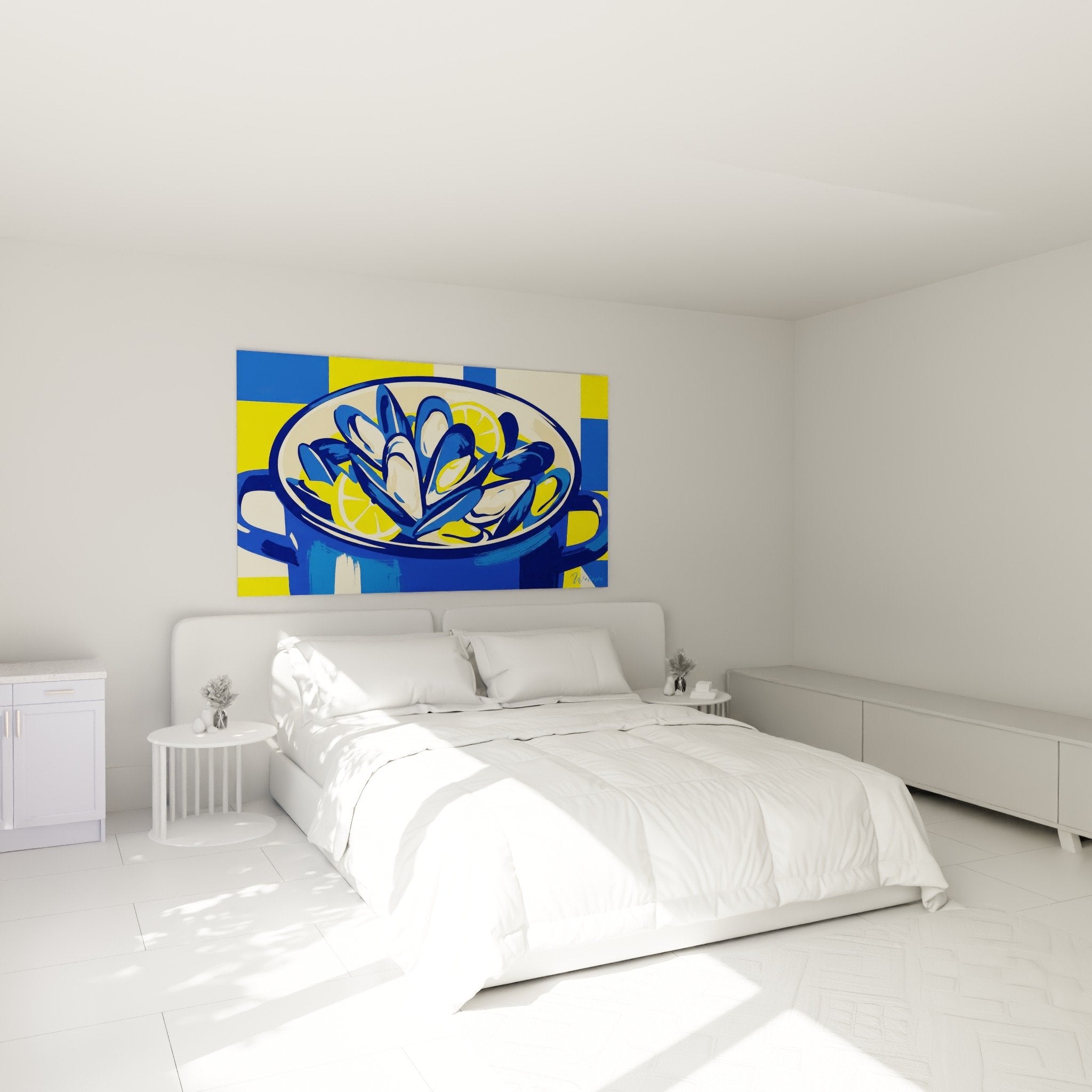 Wanddekoration mediterrane Formen Schlafzimmer marine Atmosphäre blau gelb moderne Küchenkunst