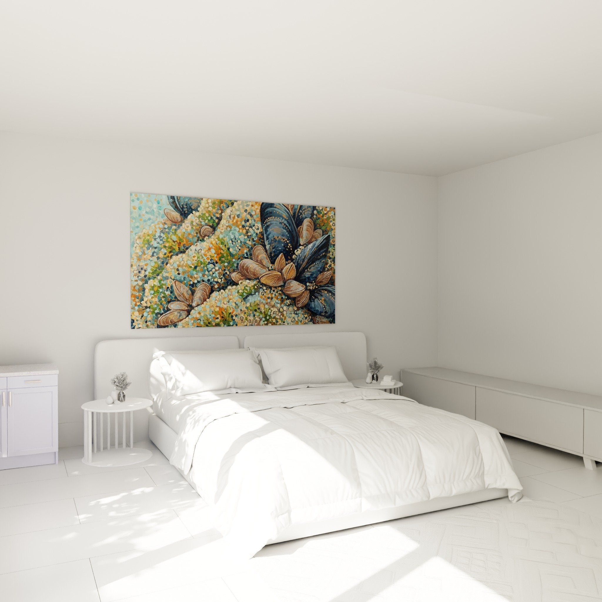 Schlafzimmer Dekoration Gemälde Formen Pointillist Blau Orange Marine Atmosphäre Muschel Wanddeko