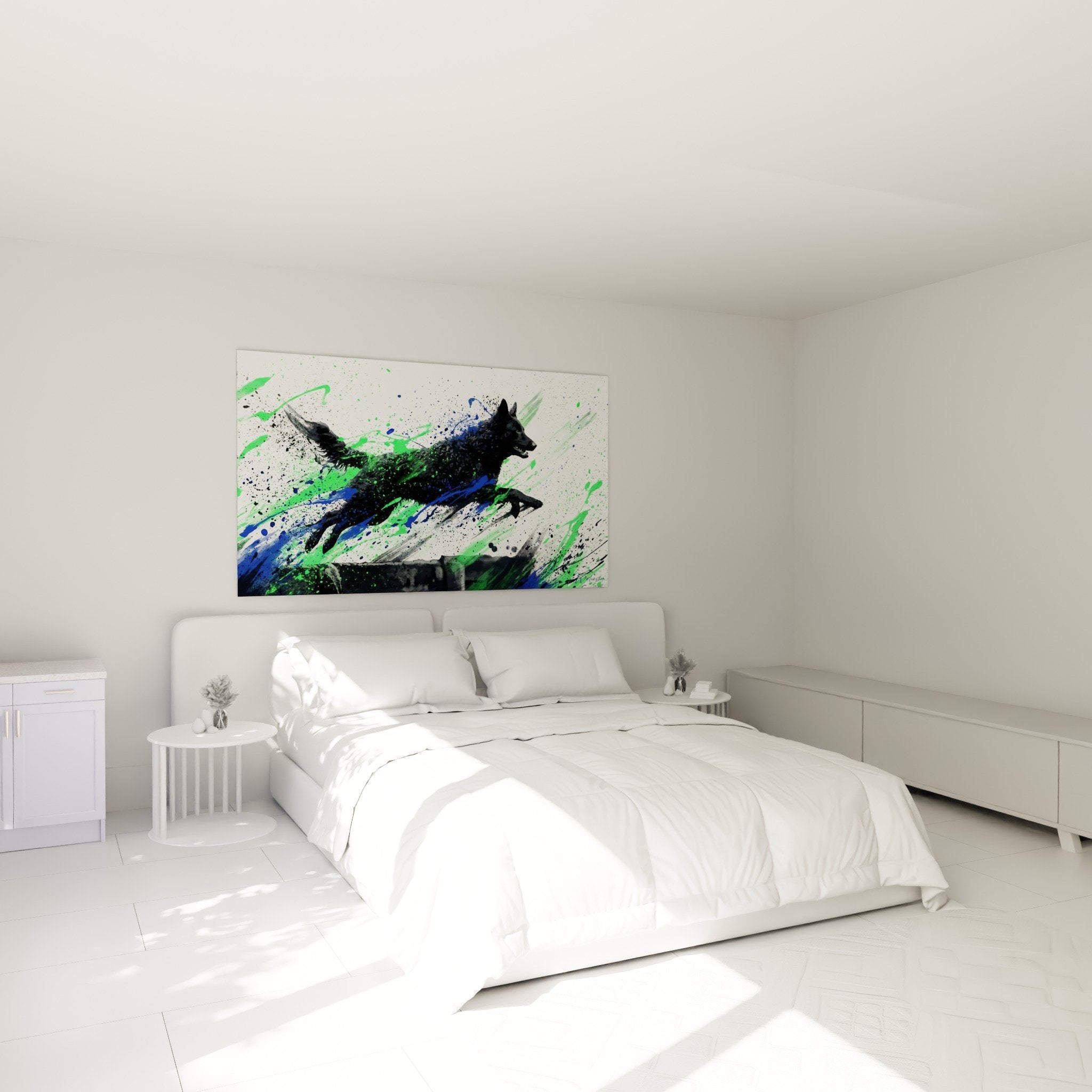 bedroom decor artistic mudi painting vibrant colors green blue contemporary ambiance