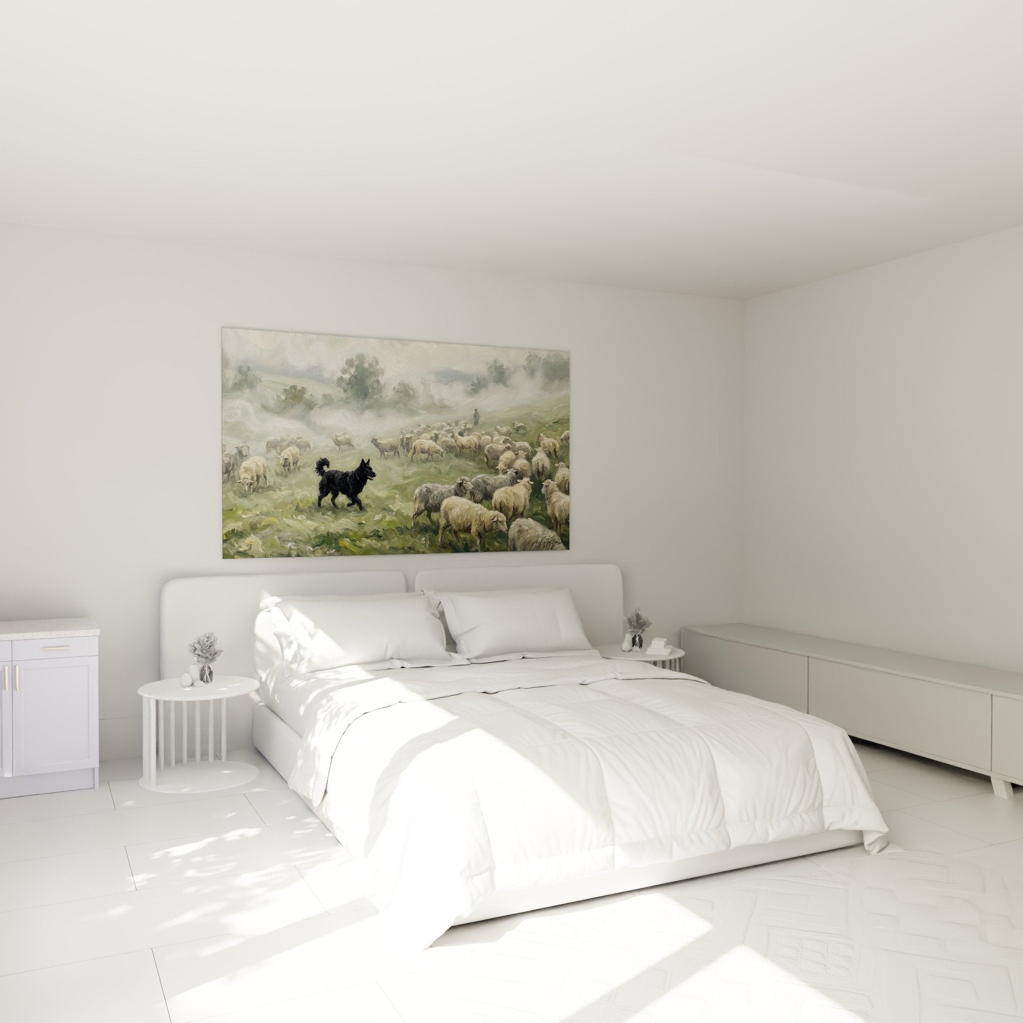 Déco chambre avec tableau Mudi berger et moutons dans prairie brumeuse - Ambiance campagne chic Edition Mudi