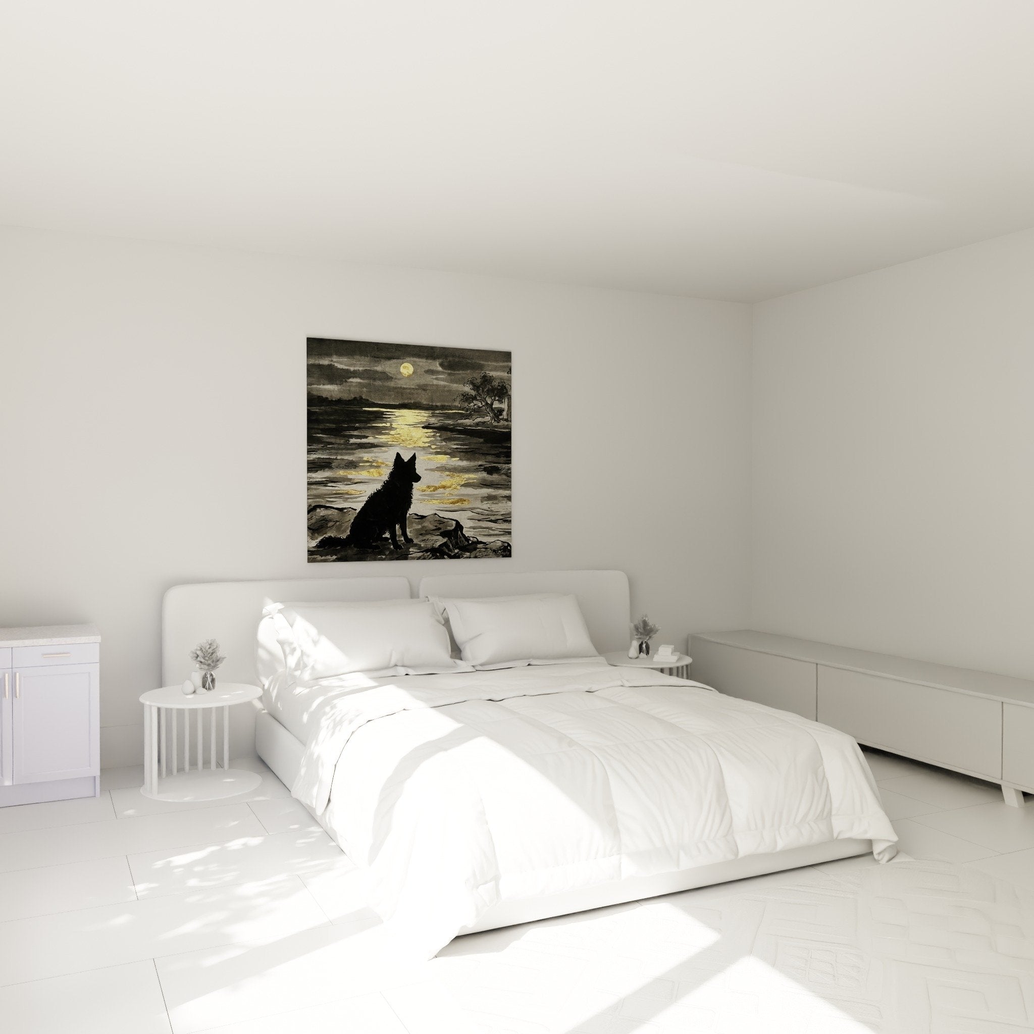 Decoration murale chambre Mudi noir lac dore ambiance sereine paisible tableau nocturne contemporain