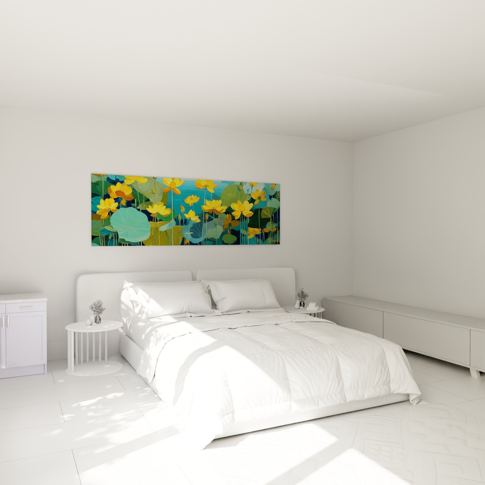 Bedroom decoration with golden aquatic flowers artwork, zen and calming atmosphere on light wall