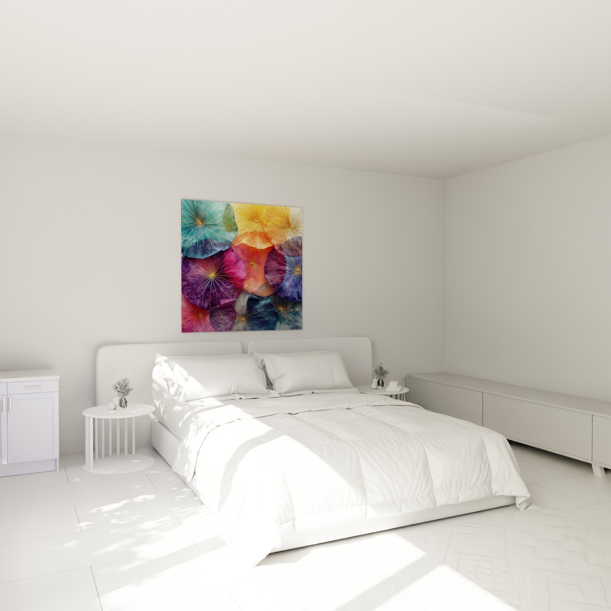 Wall decoration water lily lotus leaves colorful colors in modern bedroom with soothing tones