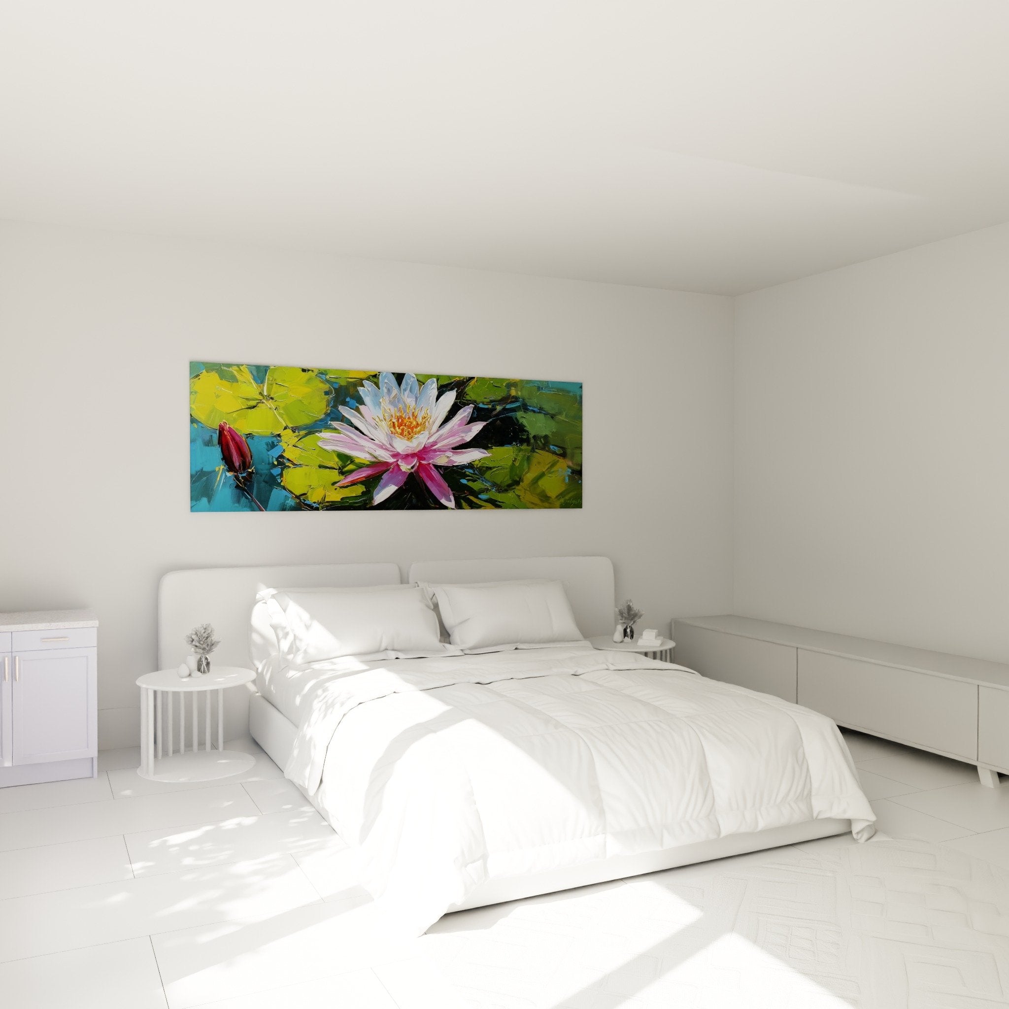 Décoration chambre avec tableau nénuphars roses sur eau bleue, ambiance zen et apaisante