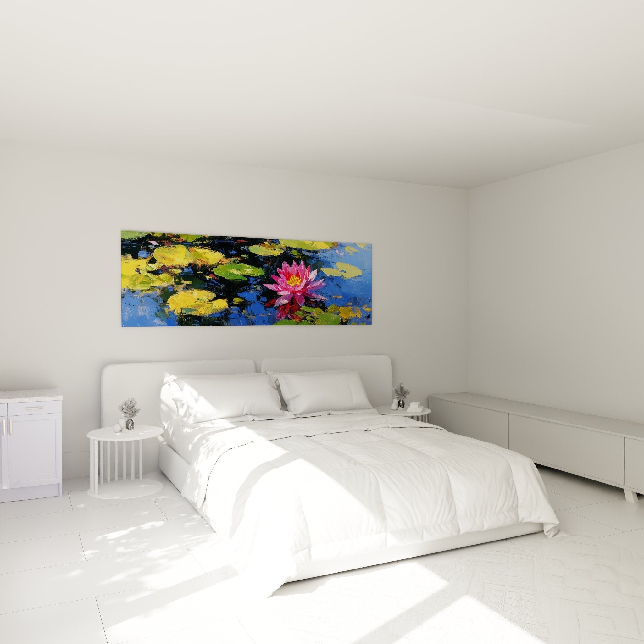 Pink and blue water lily wall decoration in modern bedroom, zen and soothing atmosphere