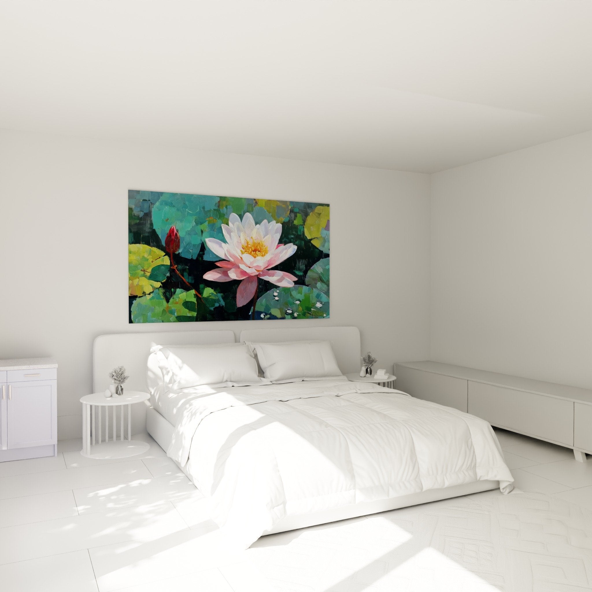 Décoration chambre tableau nénuphars fleurs blanches roses ambiance zen apaisante mur blanc