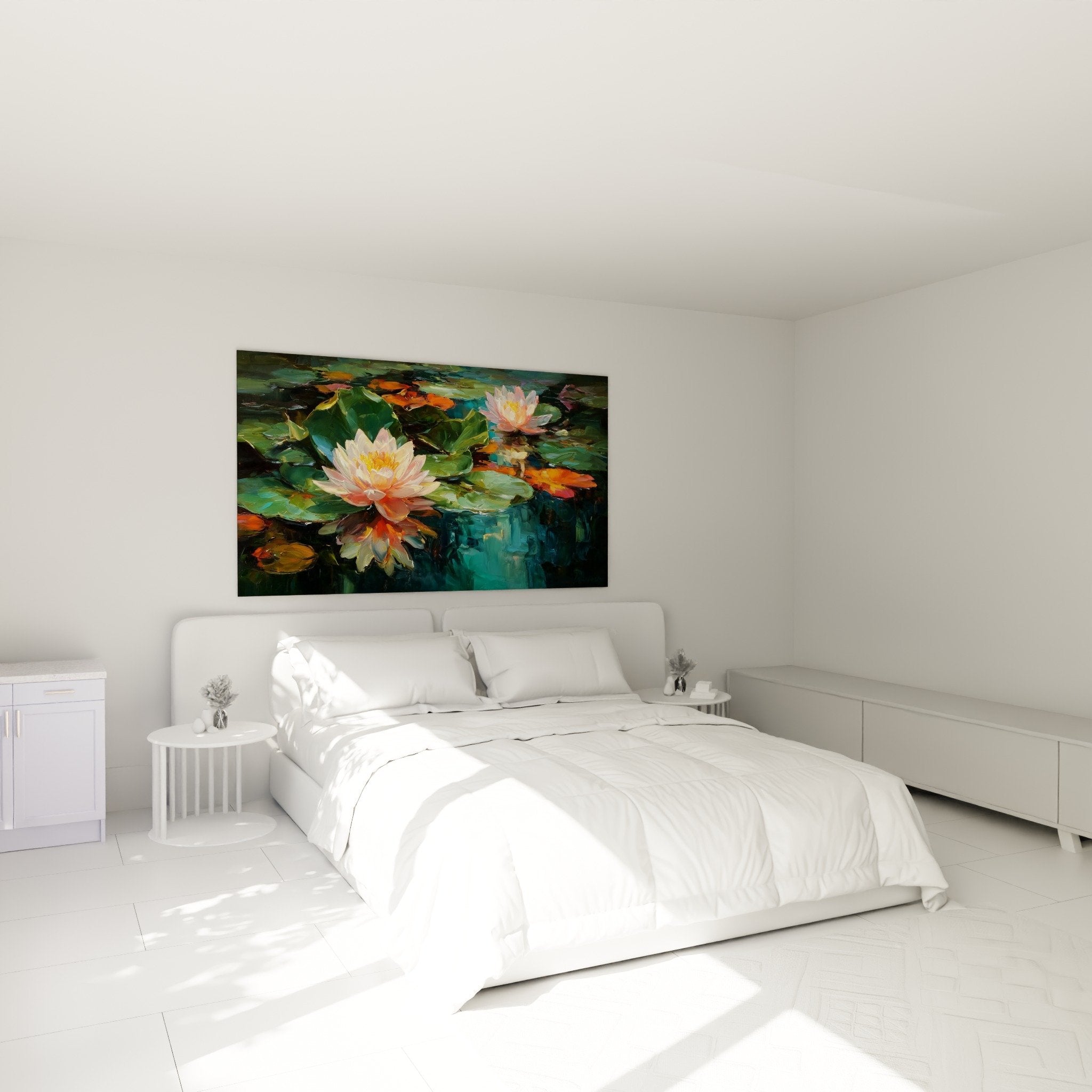 Décoration chambre tableau nénuphars roses turquoise ambiance zen sereine art mural apaisant
