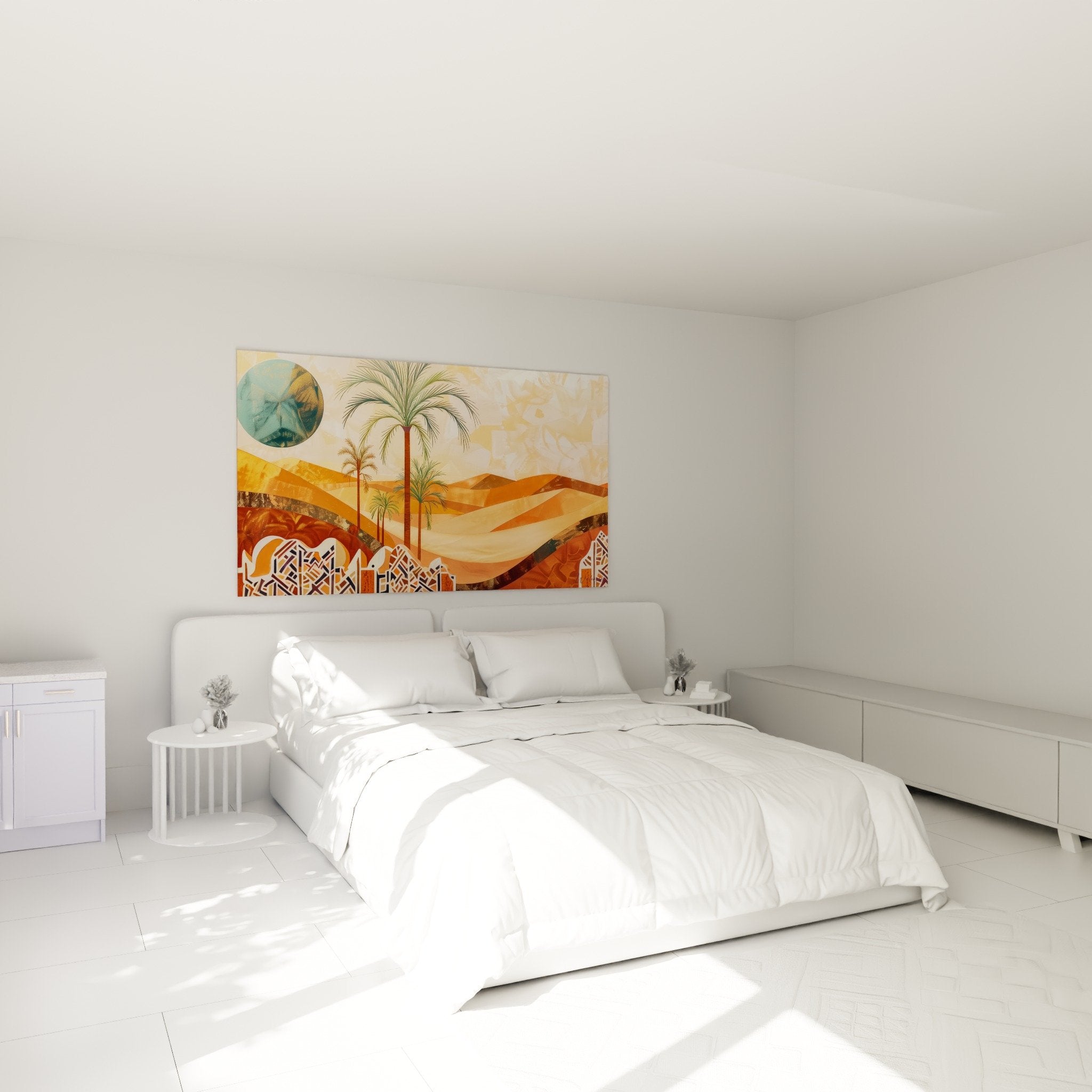 Décoration chambre tableau oasis palmiers tons chauds orange ocre ambiance zen style moderne