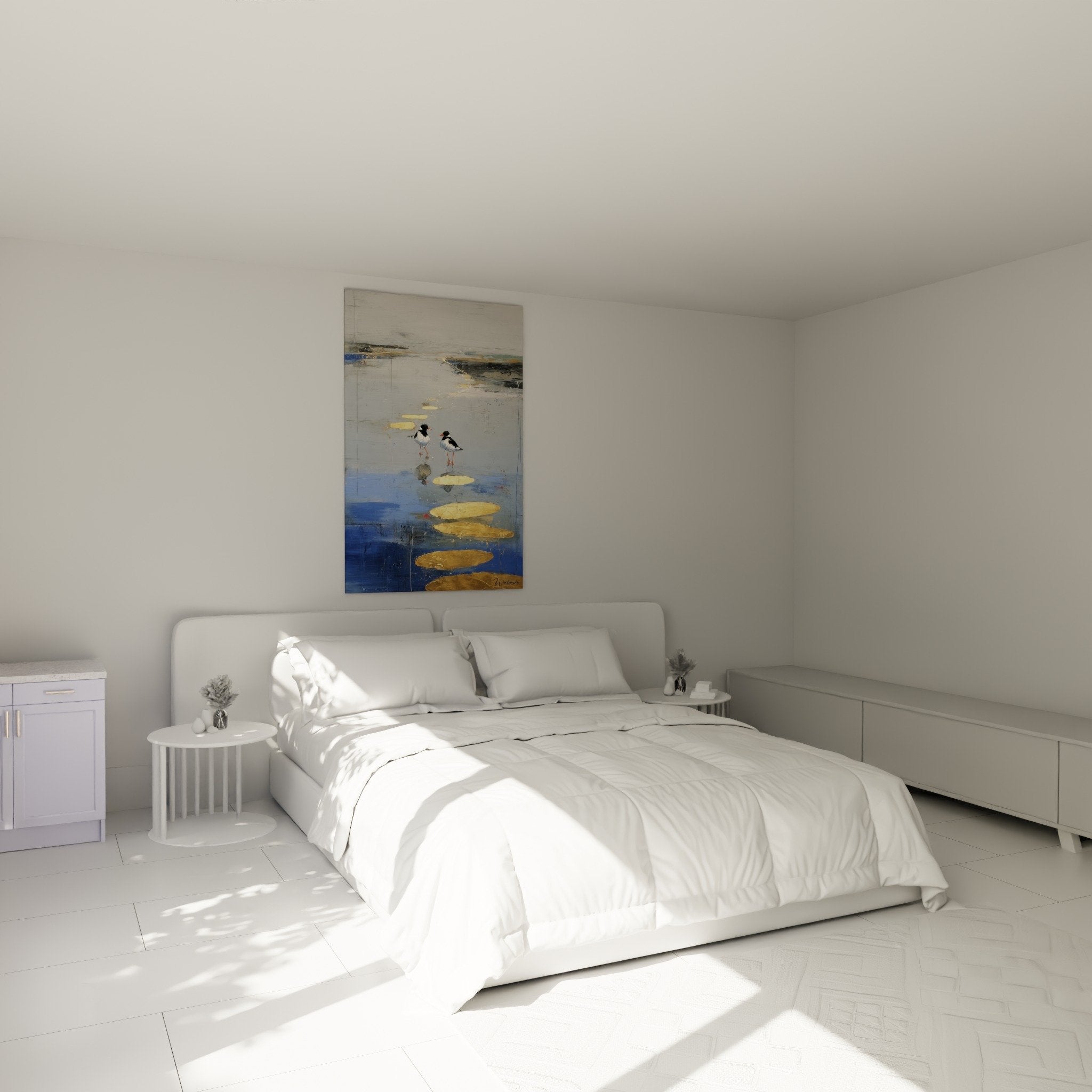 Bedroom wall decoration with aquatic birds painting in soothing blue and gold tones