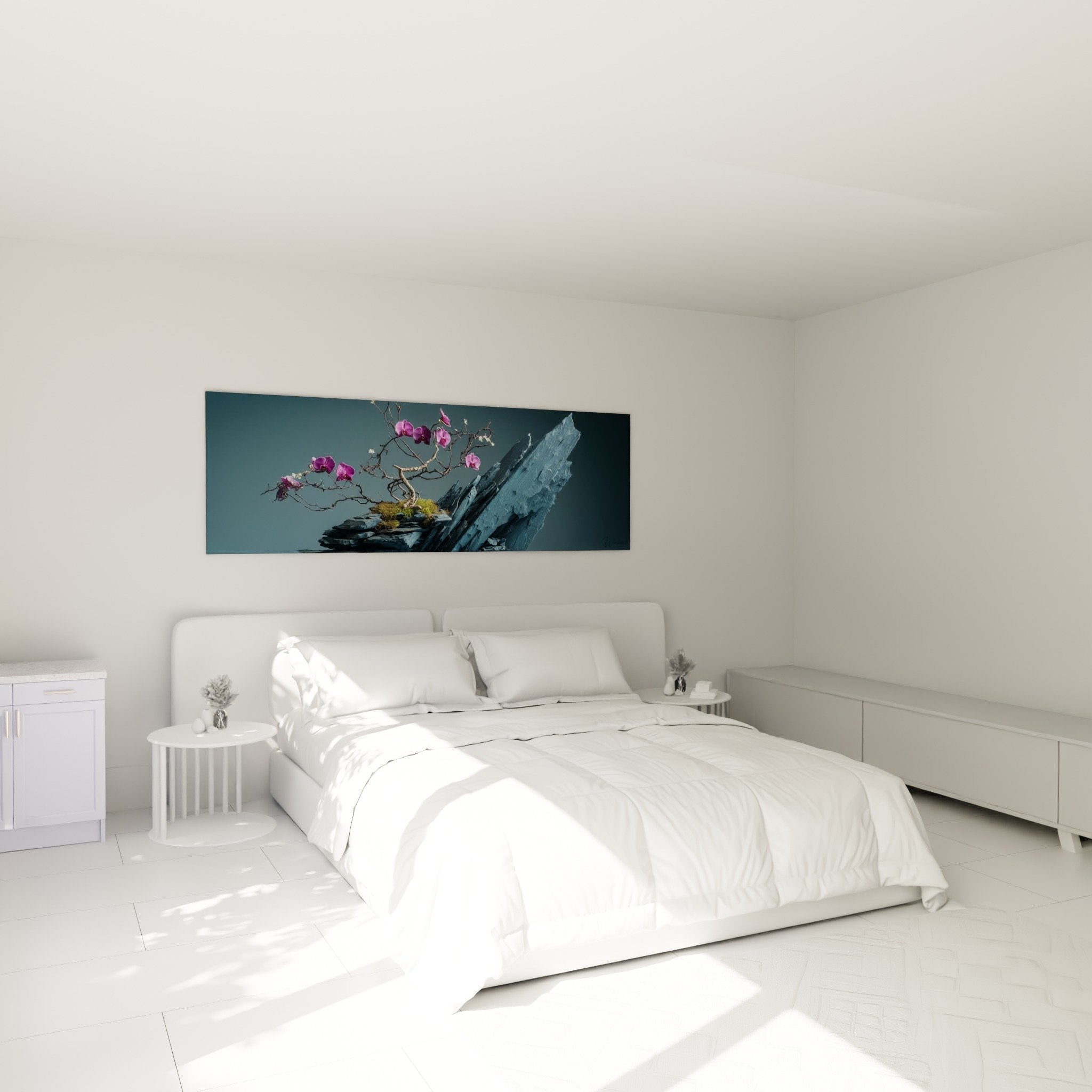 Bedroom wall art purple orchids slate zen atmosphere ikebana Japanese floral art white wall