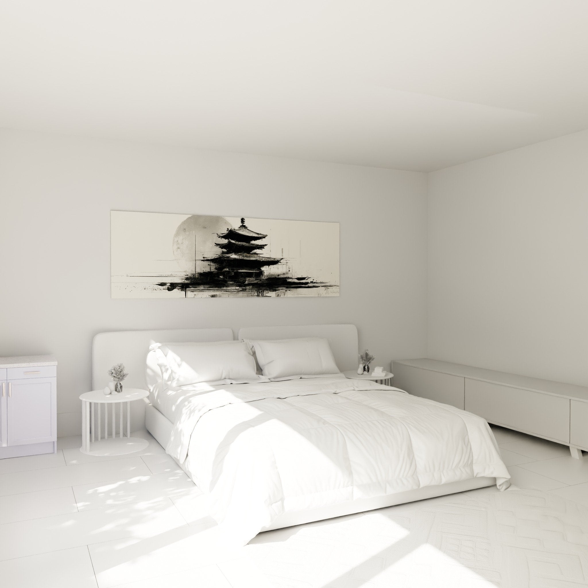 Tableau temple pagode noir blanc dans chambre moderne ambiance zen decoration murale asiatique
