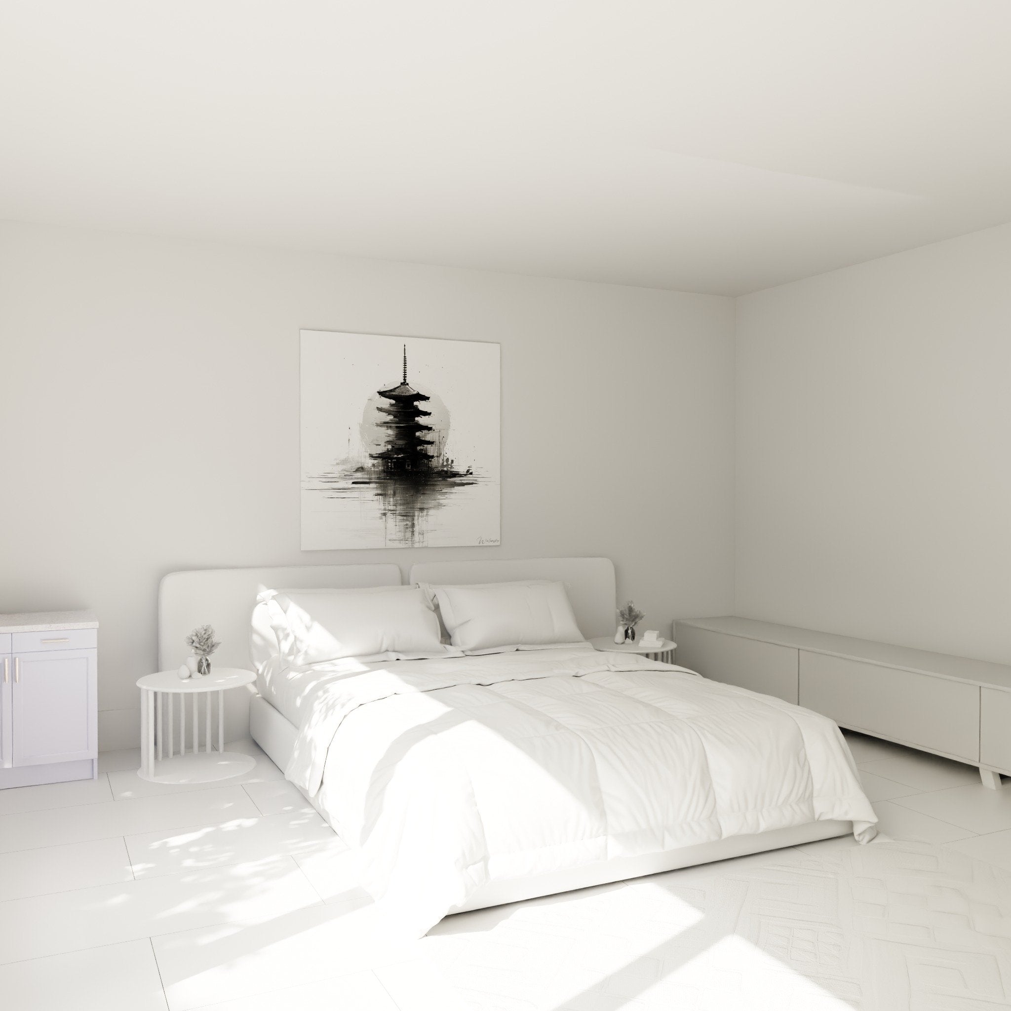 Décoration murale pagode zen noir et blanc dans chambre moderne avec ambiance apaisante et méditative