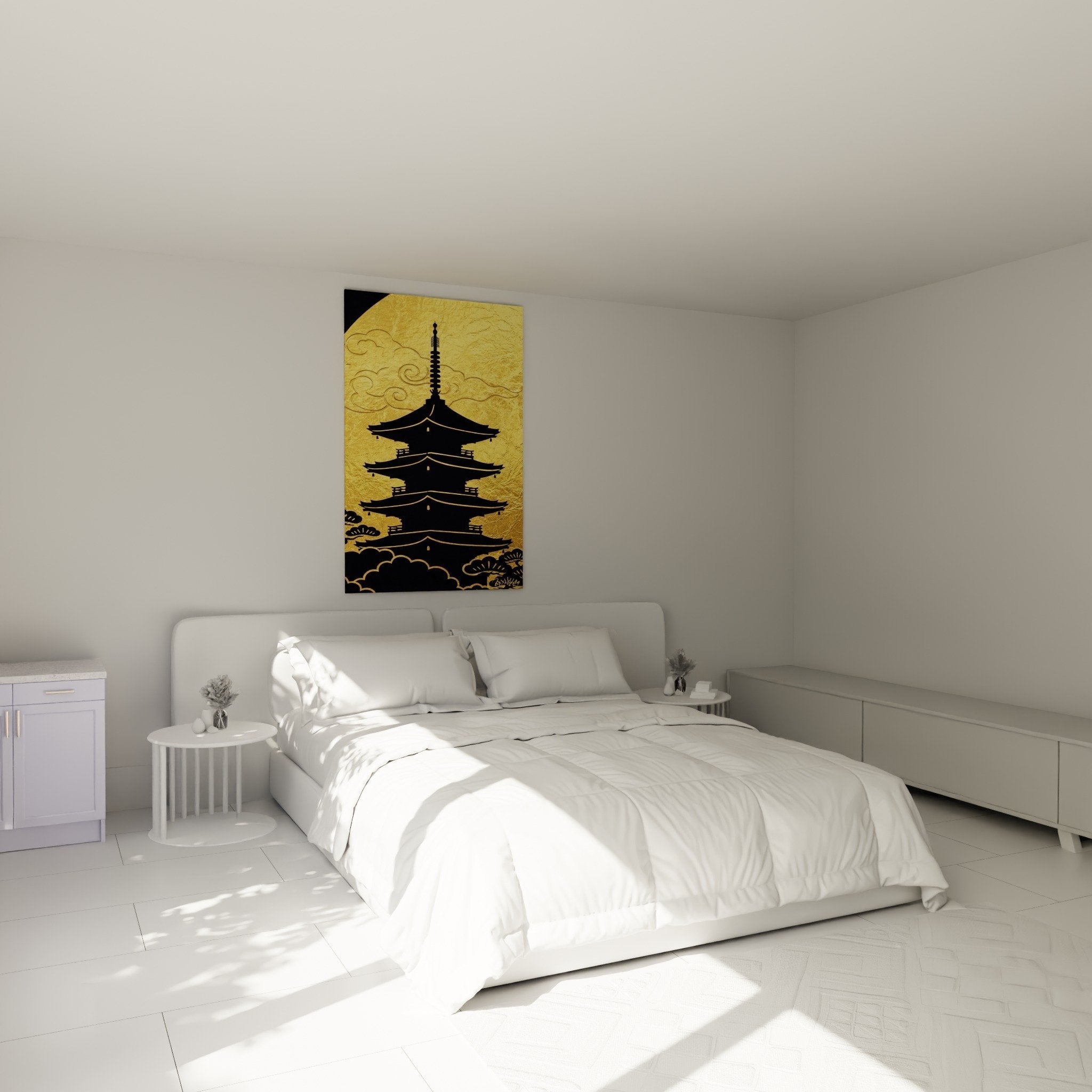 Bedroom decoration with golden pagoda painting buddhist temple zen spiritual atmosphere white wall