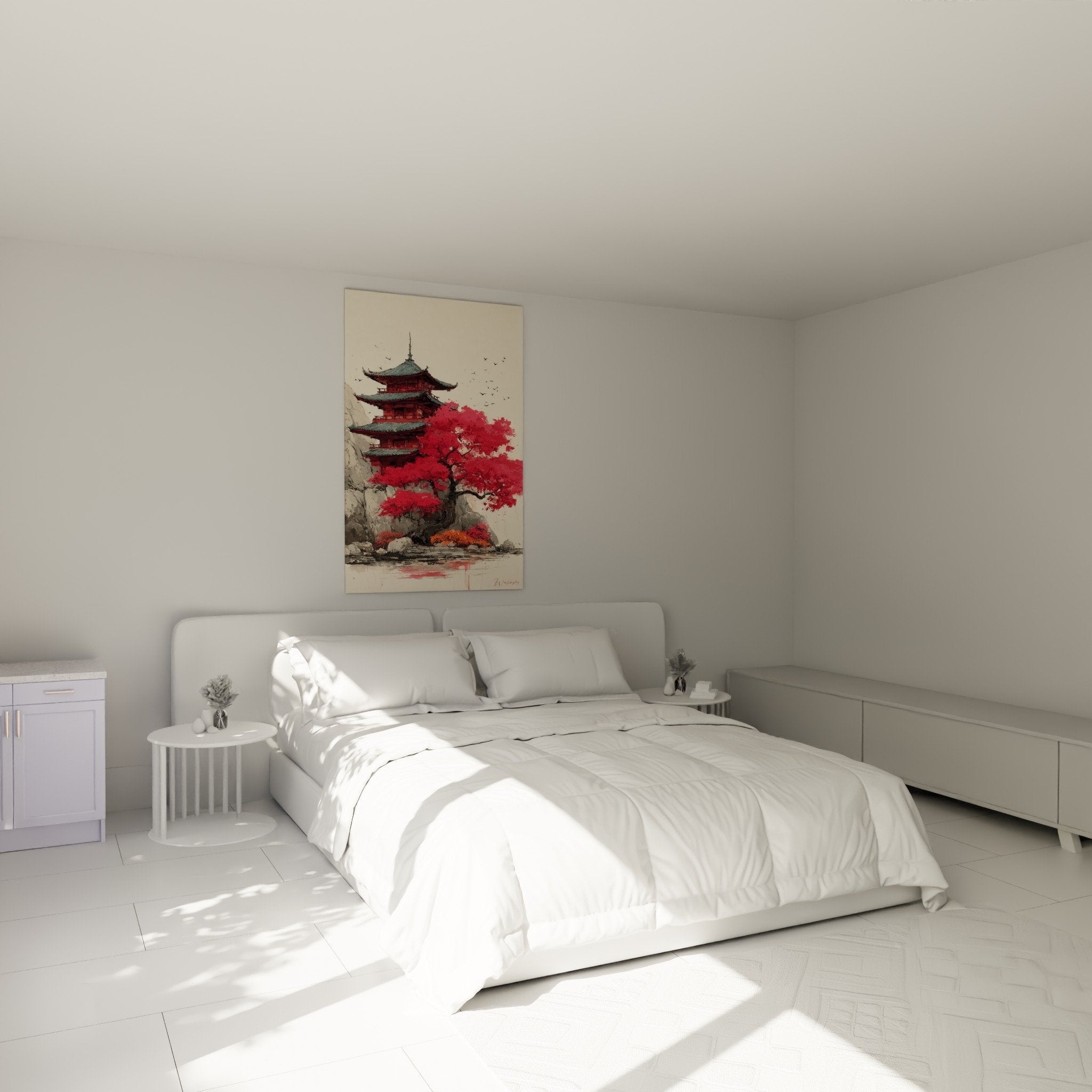 Scarlet pagoda wall decoration zen bedroom red maples soothing Japanese atmosphere