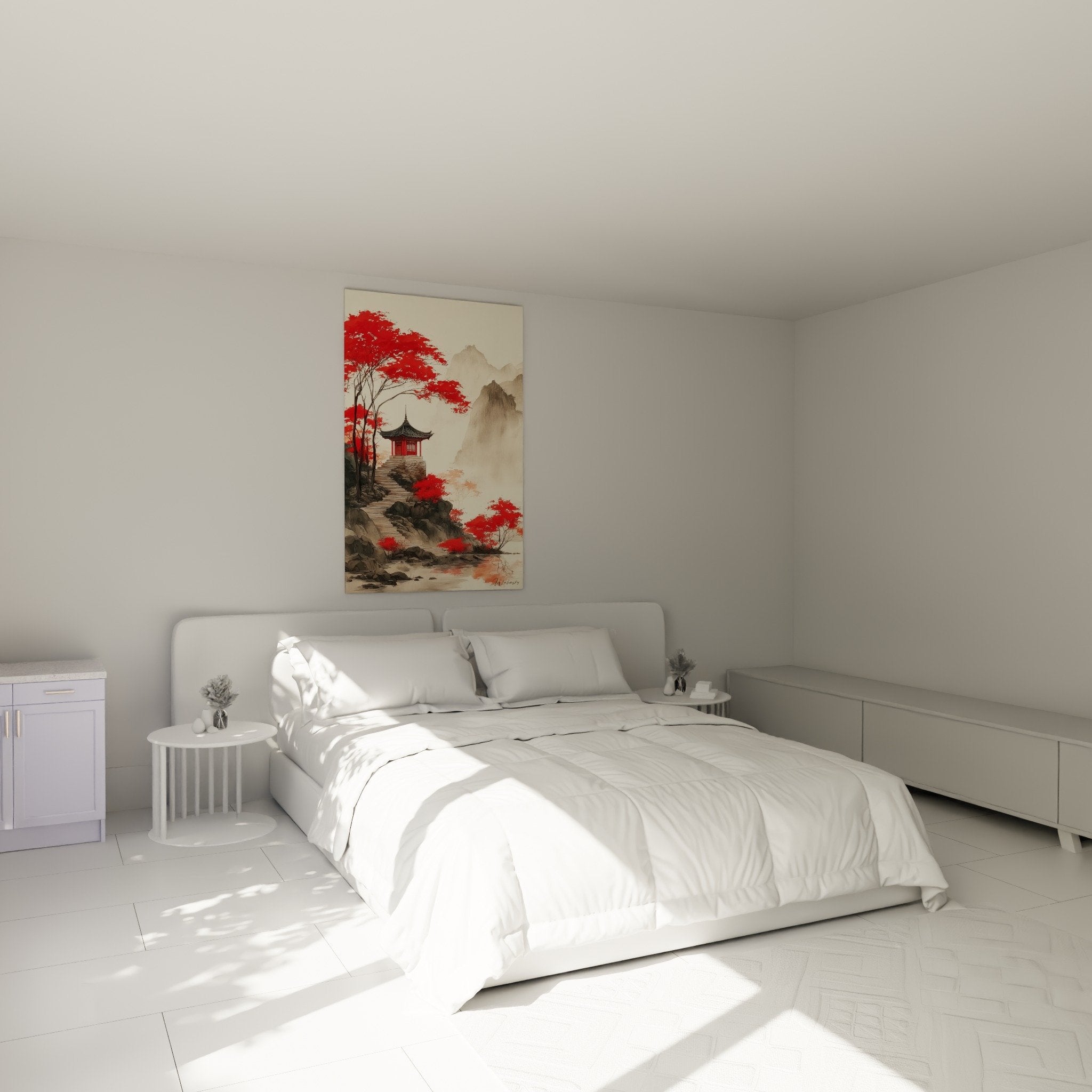 Décoration chambre tableau pagode japonaise érables rouges ambiance zen sérénité orientale