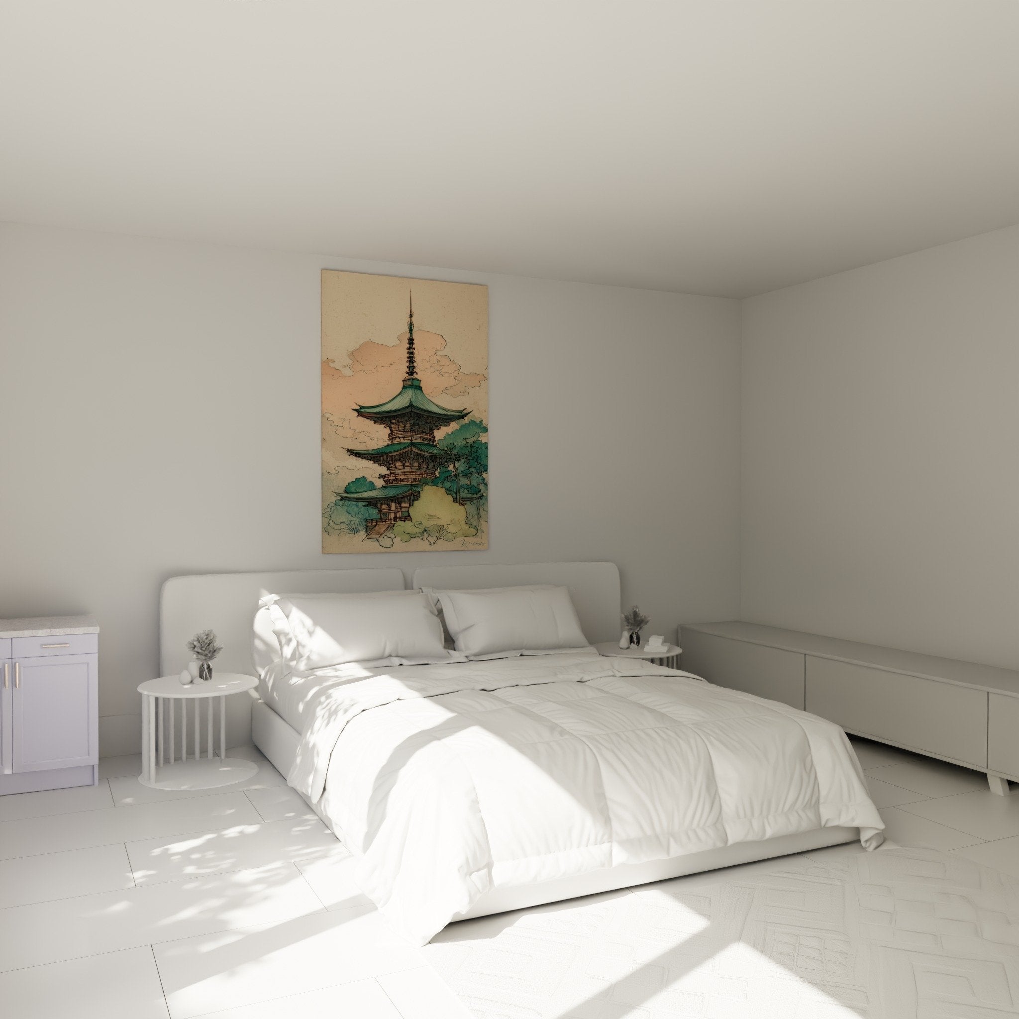 Décoration chambre avec tableau pagode orientale tons pastel turquoise rose ambiance zen apaisante