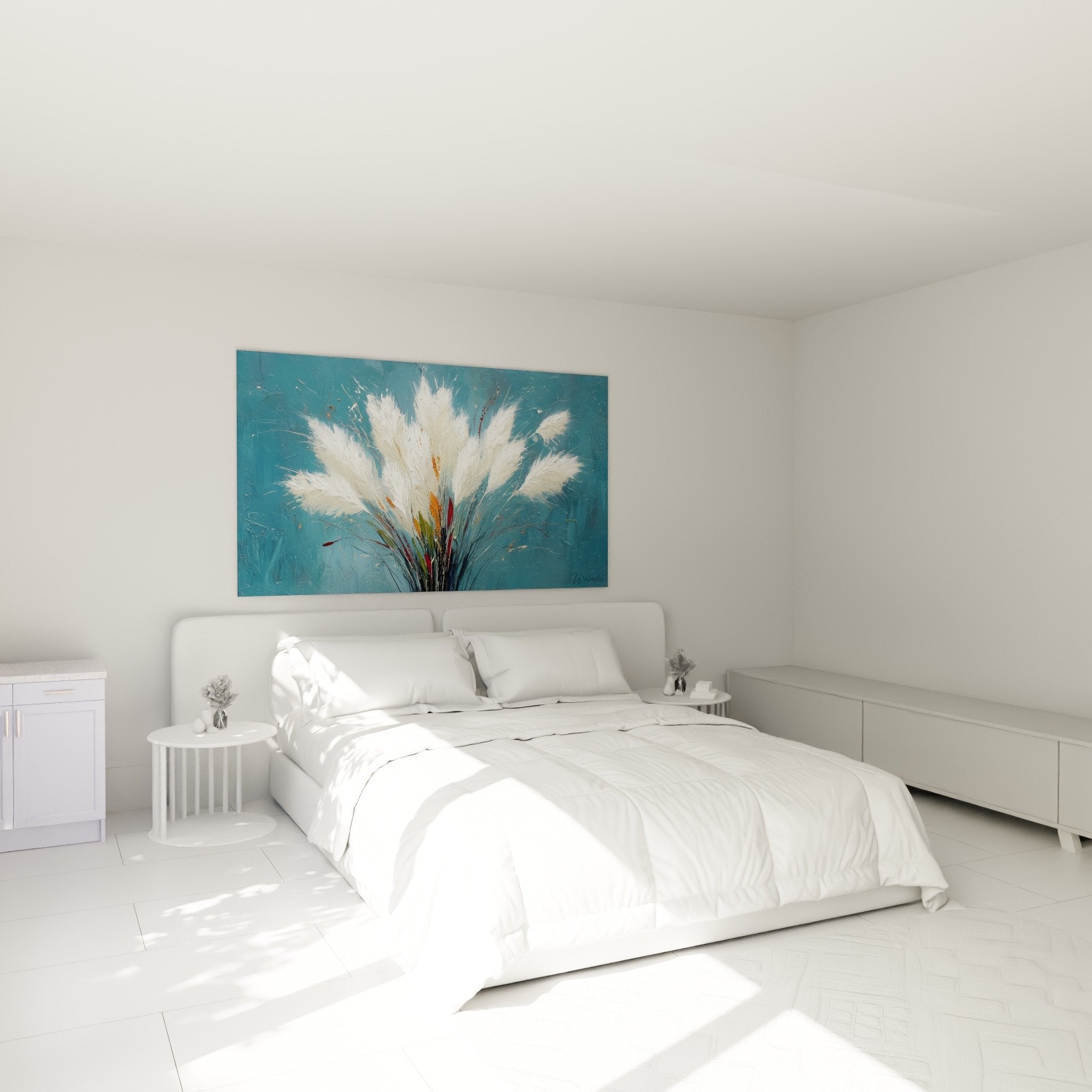 Bedroom wall art white pampas grass painting blue wall serene atmosphere contemporary Nordic nature style