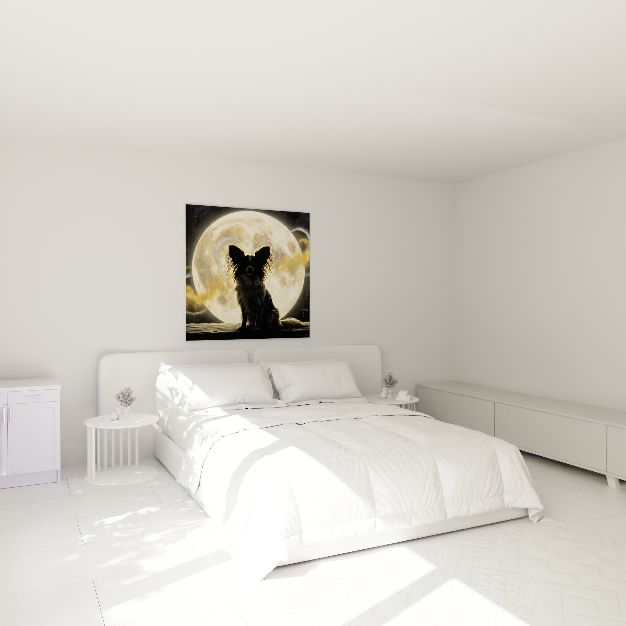 Decoration murale chien papillon lune chambre ambiance tamisee nocturne reflets dores elegant