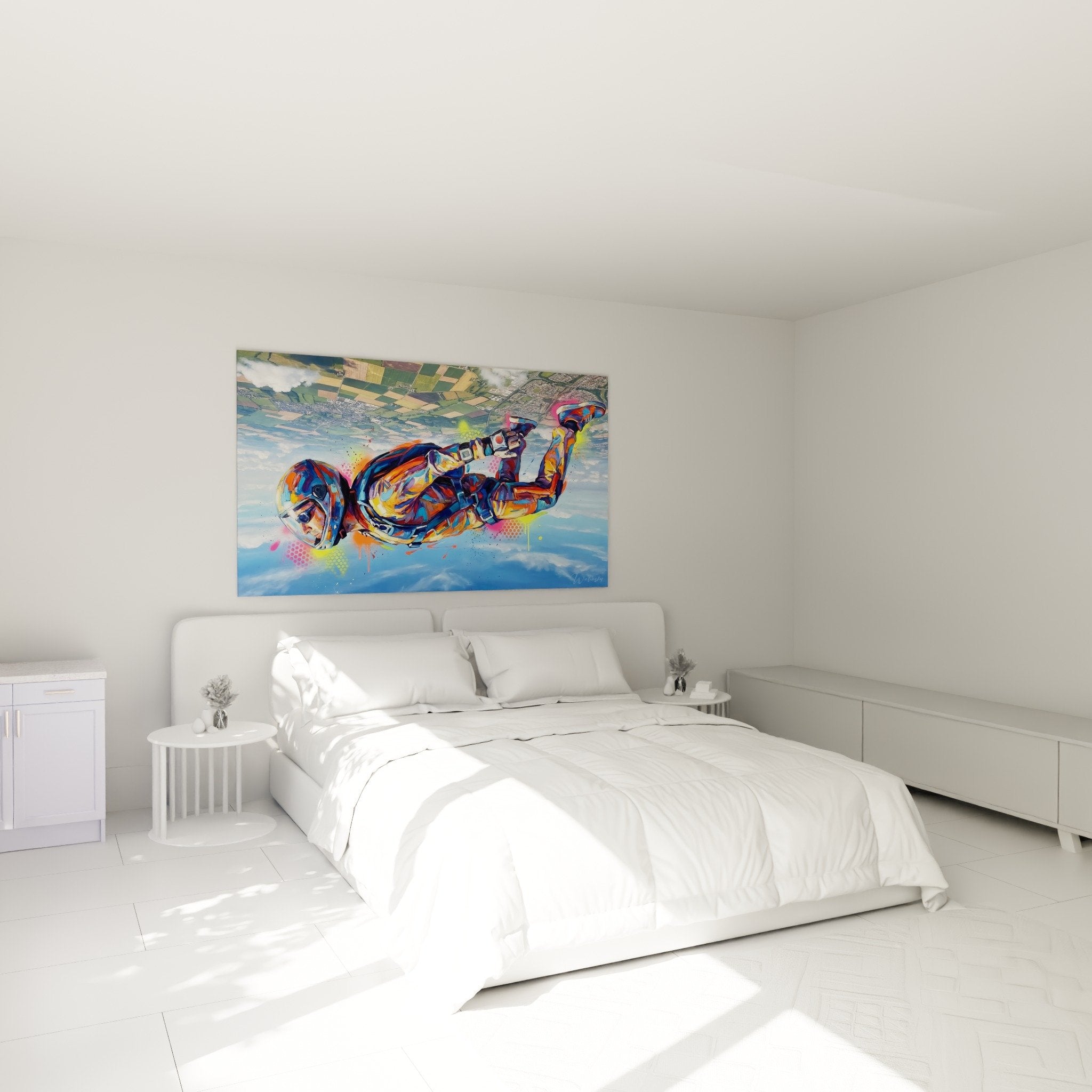 Farbenfrohe Fallschirmspringer-Wanddekoration im modernen Schlafzimmer mit dynamischer Atmosphäre