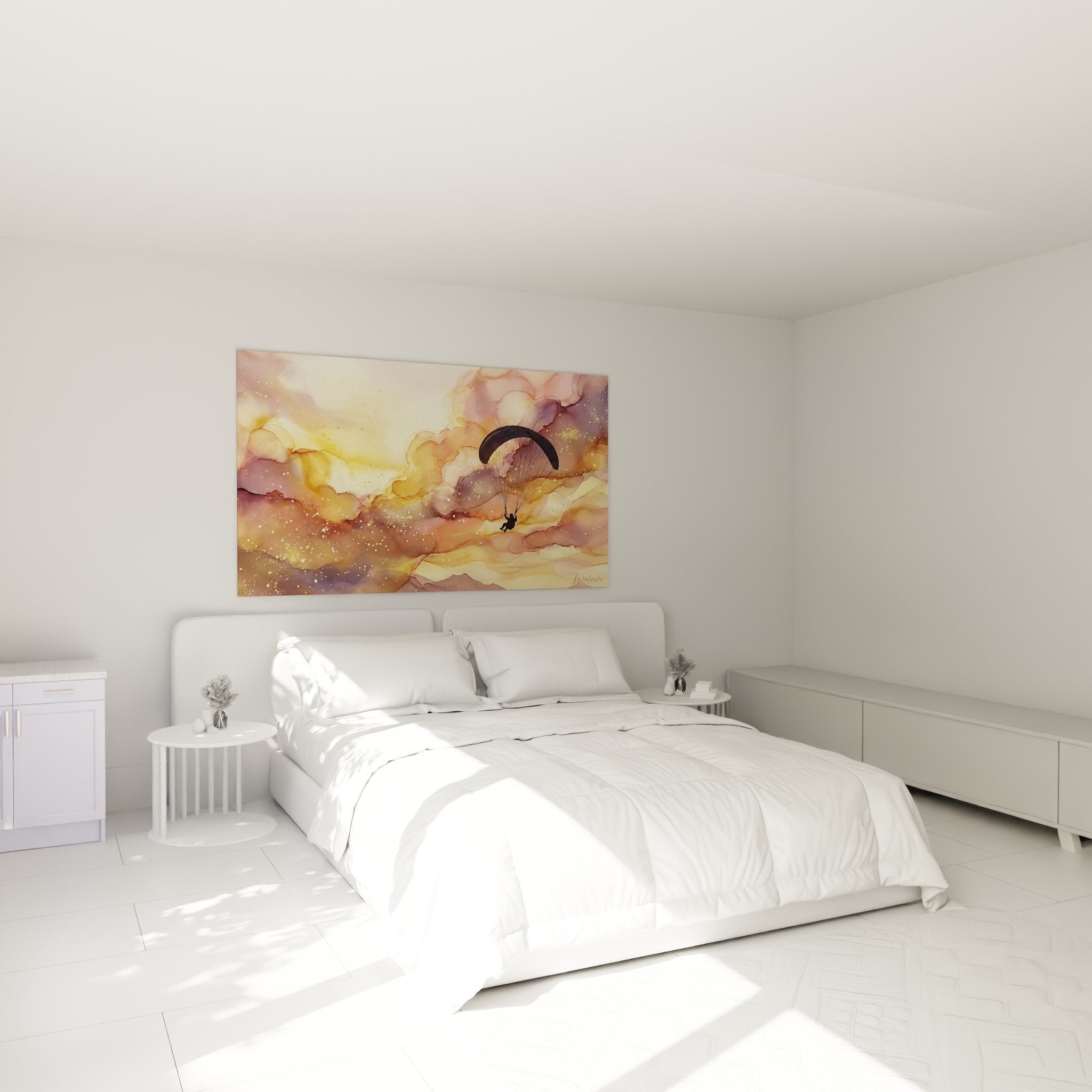 Schlafzimmer Dekoration Gemälde Gleitschirm goldene rosafarbene Töne zen Atmosphäre Wandflucht
