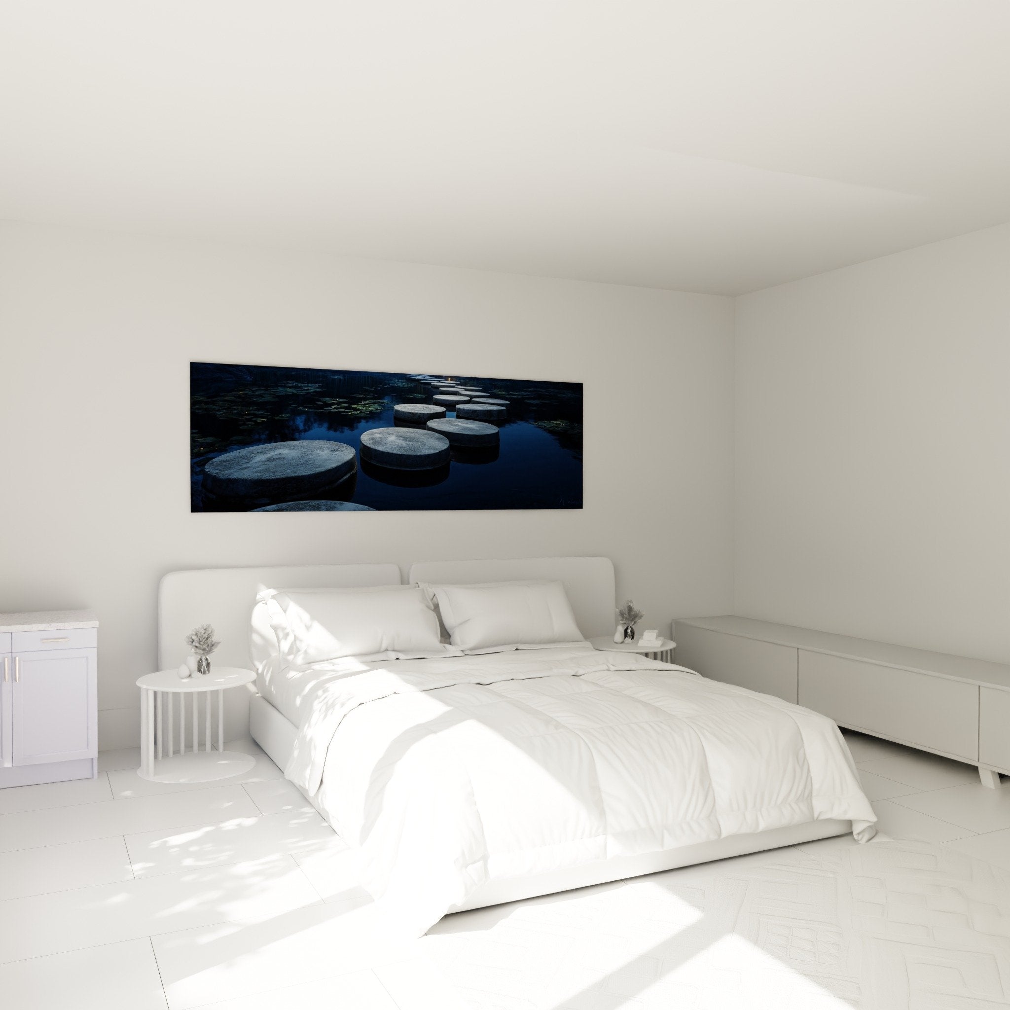 deco chambre tableau eau bleue pierres gue ambiance zen feng shui nord mur tete lit apaisante
