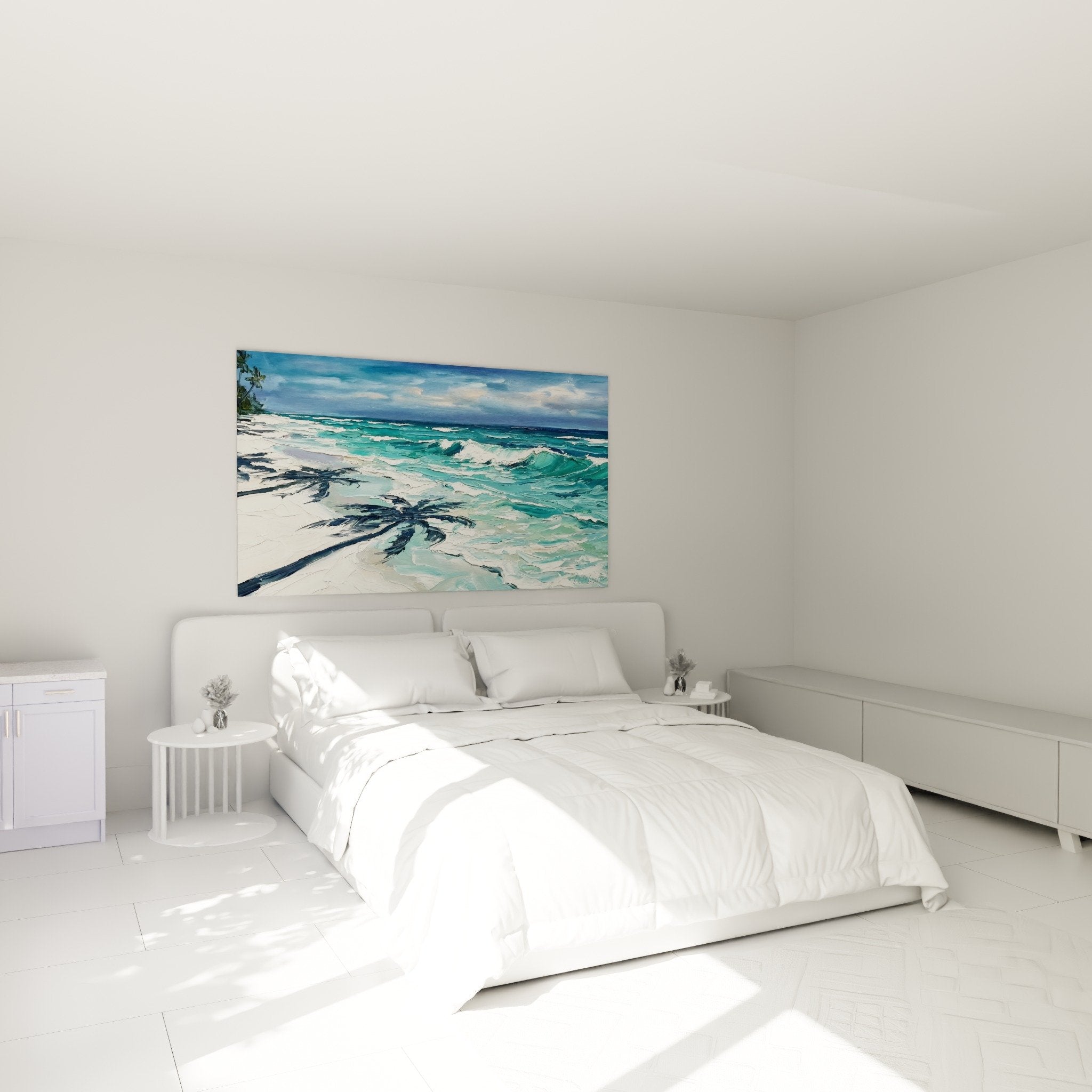 Deco chambre tableau plage tropicale palmier ocean turquoise ambiance vacation bali au dessus lit