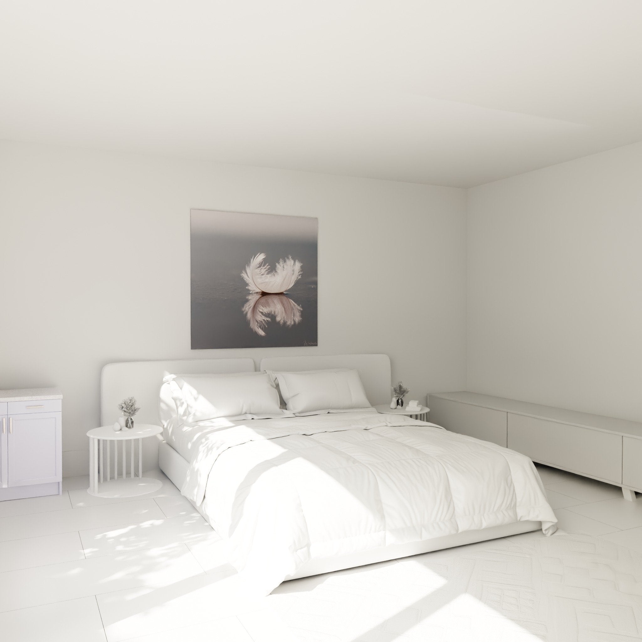 White and blush feather artwork above bed in serene bedroom with soft tones