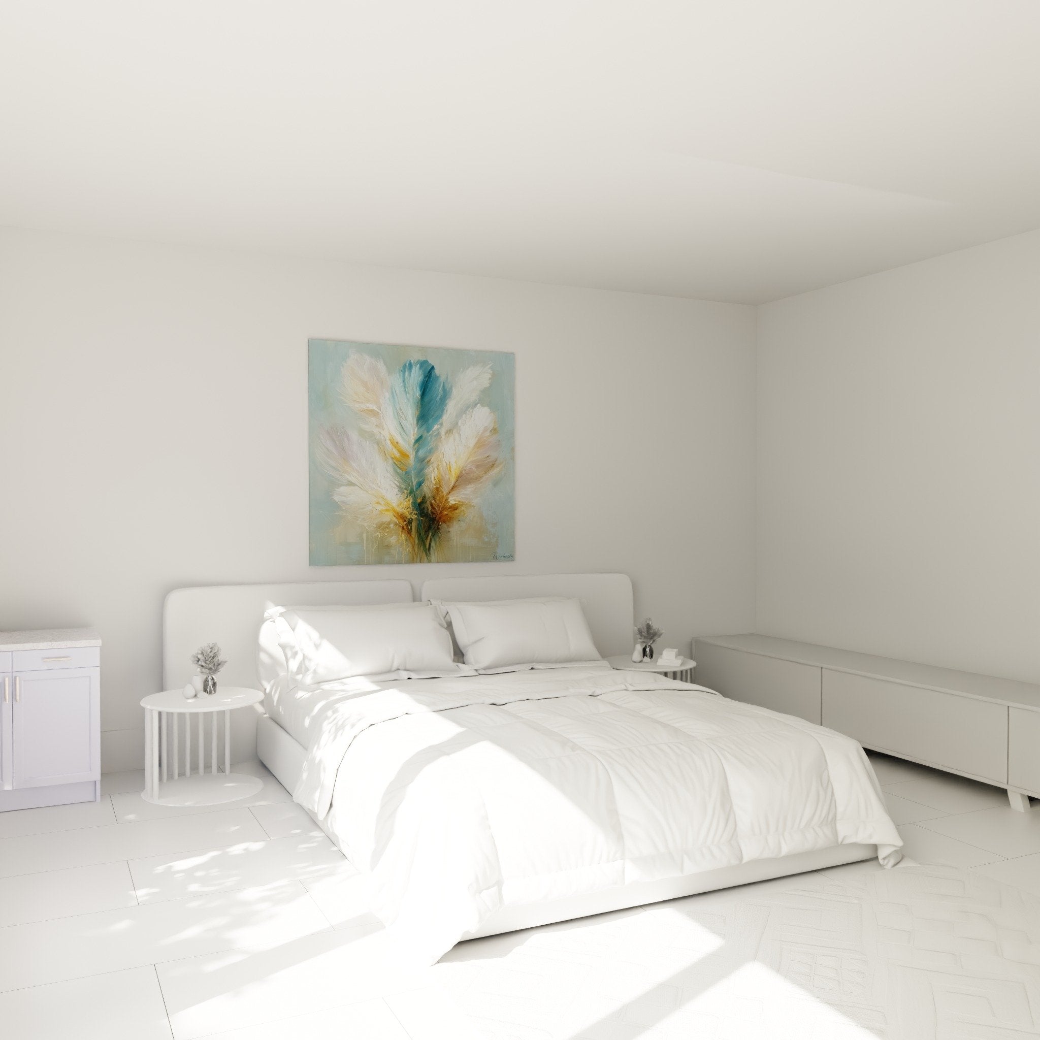 Decoration murale plumes dorees et bleues dans chambre moderne ambiance zen apaisante