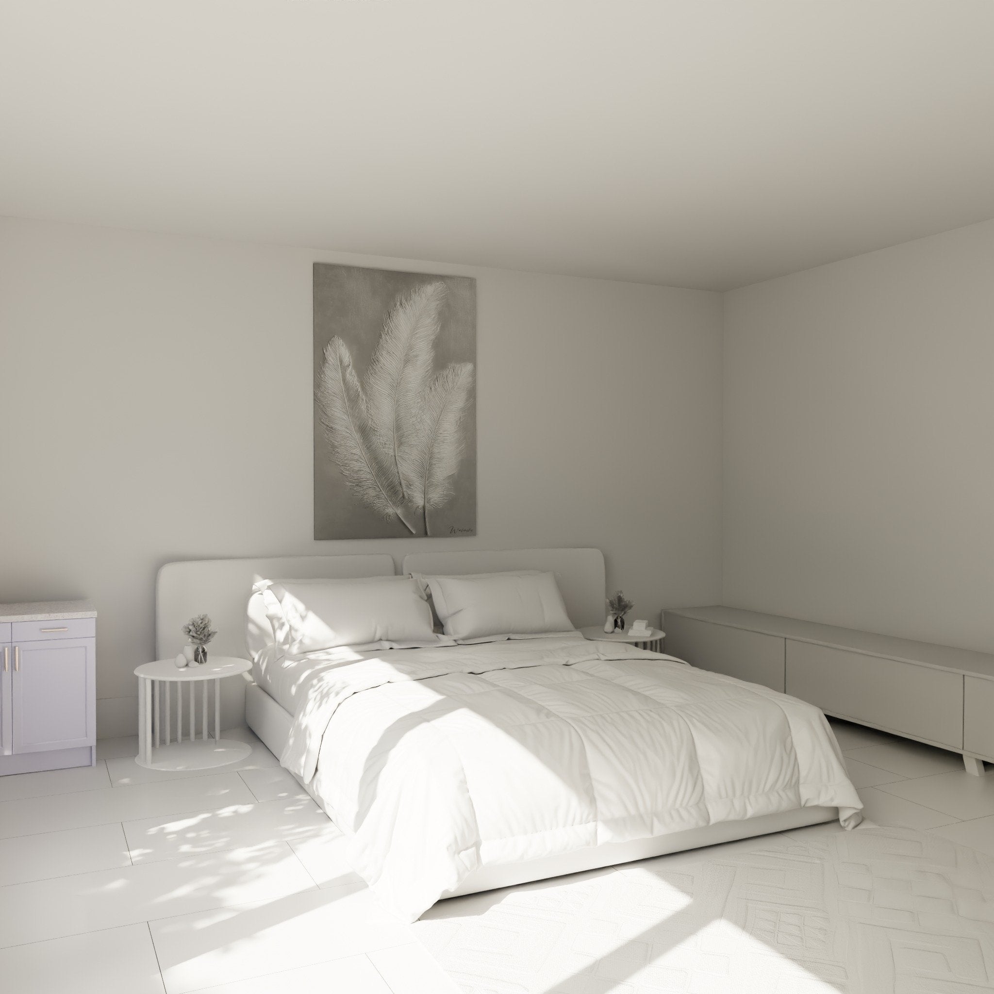Bedroom ambiance with silver metallic feather wall art, contemporary zen feng shui wall decoration