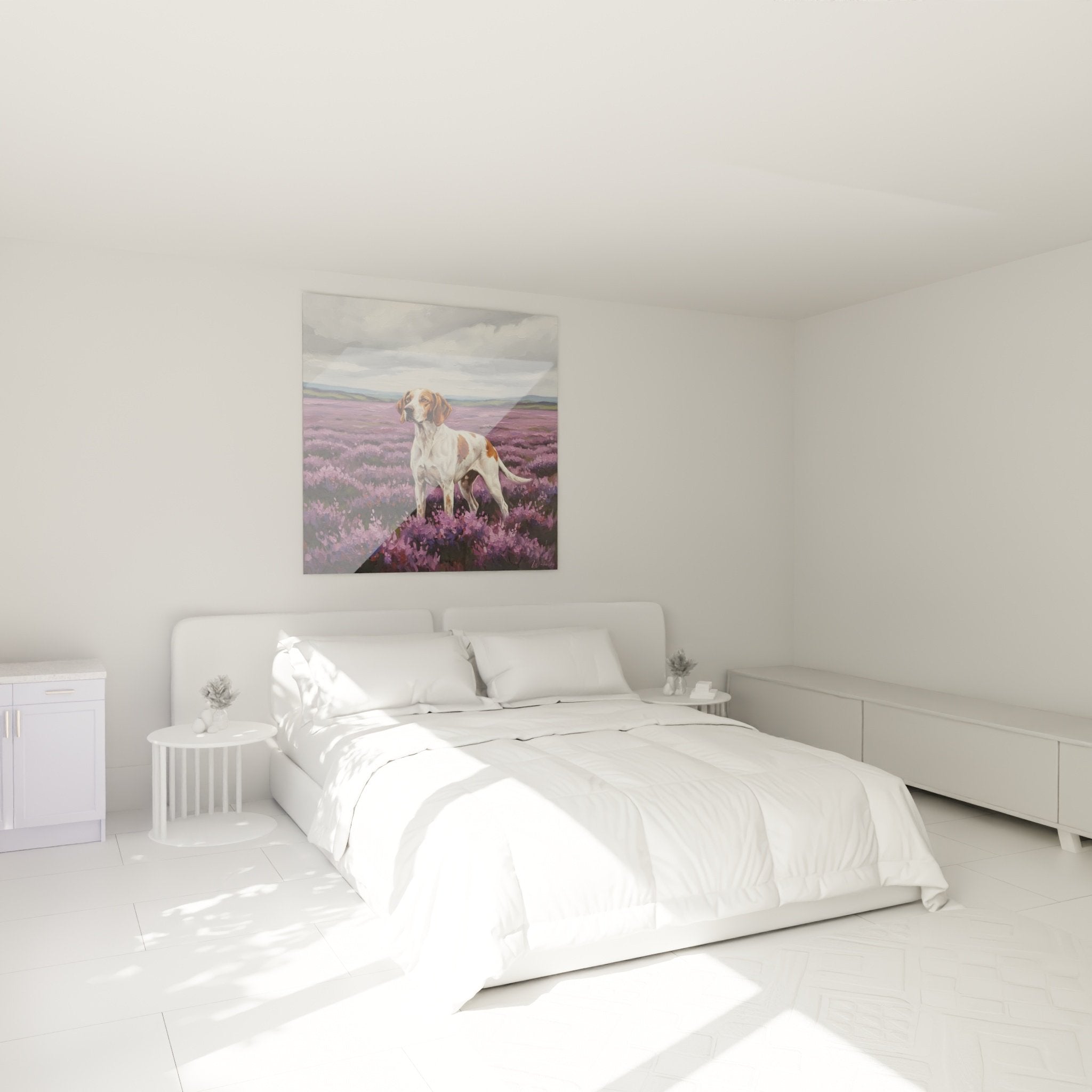 Decorazione murale pointer inglese erica viola in camera con atmosfera naturale di campagna