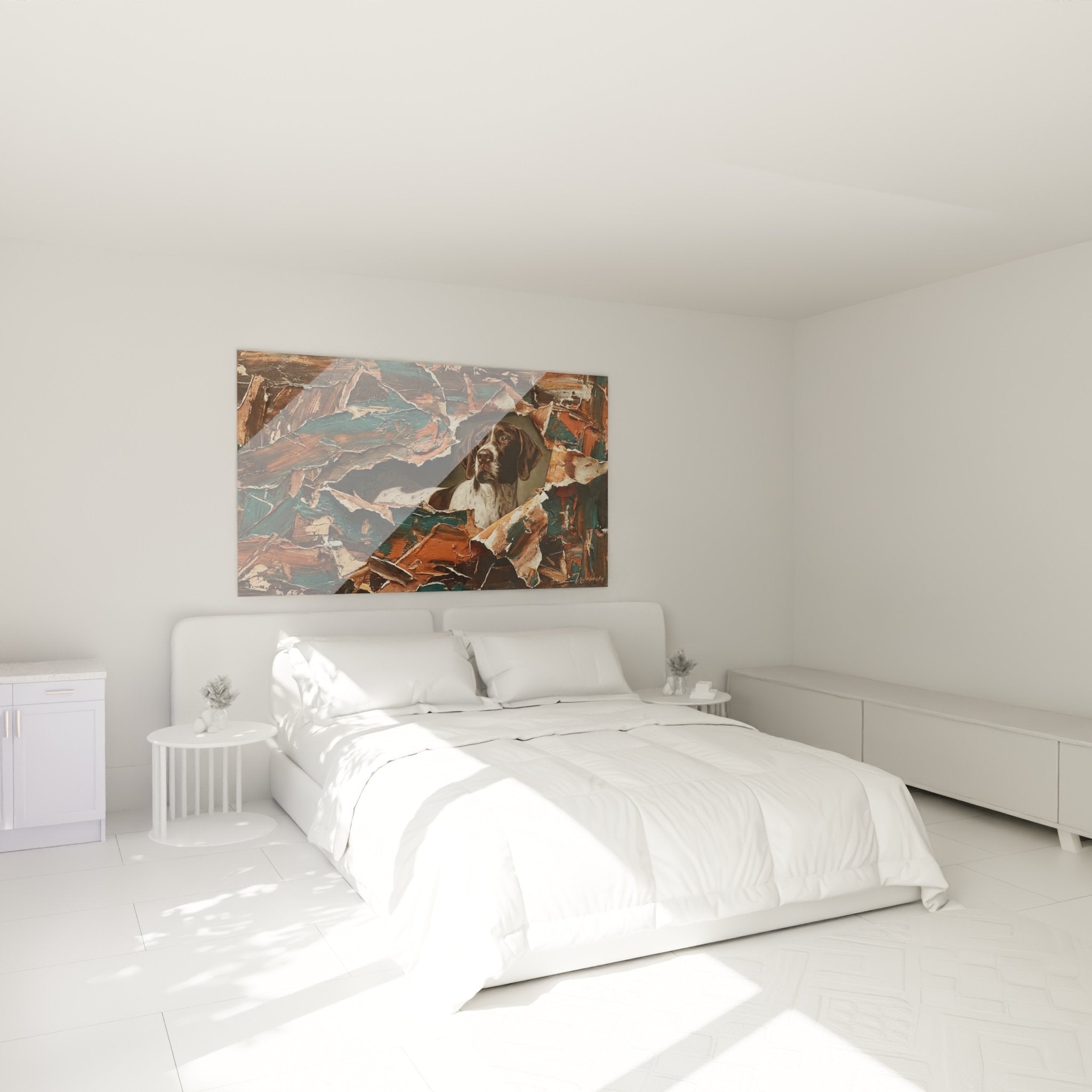 Decorazione camera da letto con ritratto di Pointer Inglese su cortecce in rilievo strutturato atmosfera calda